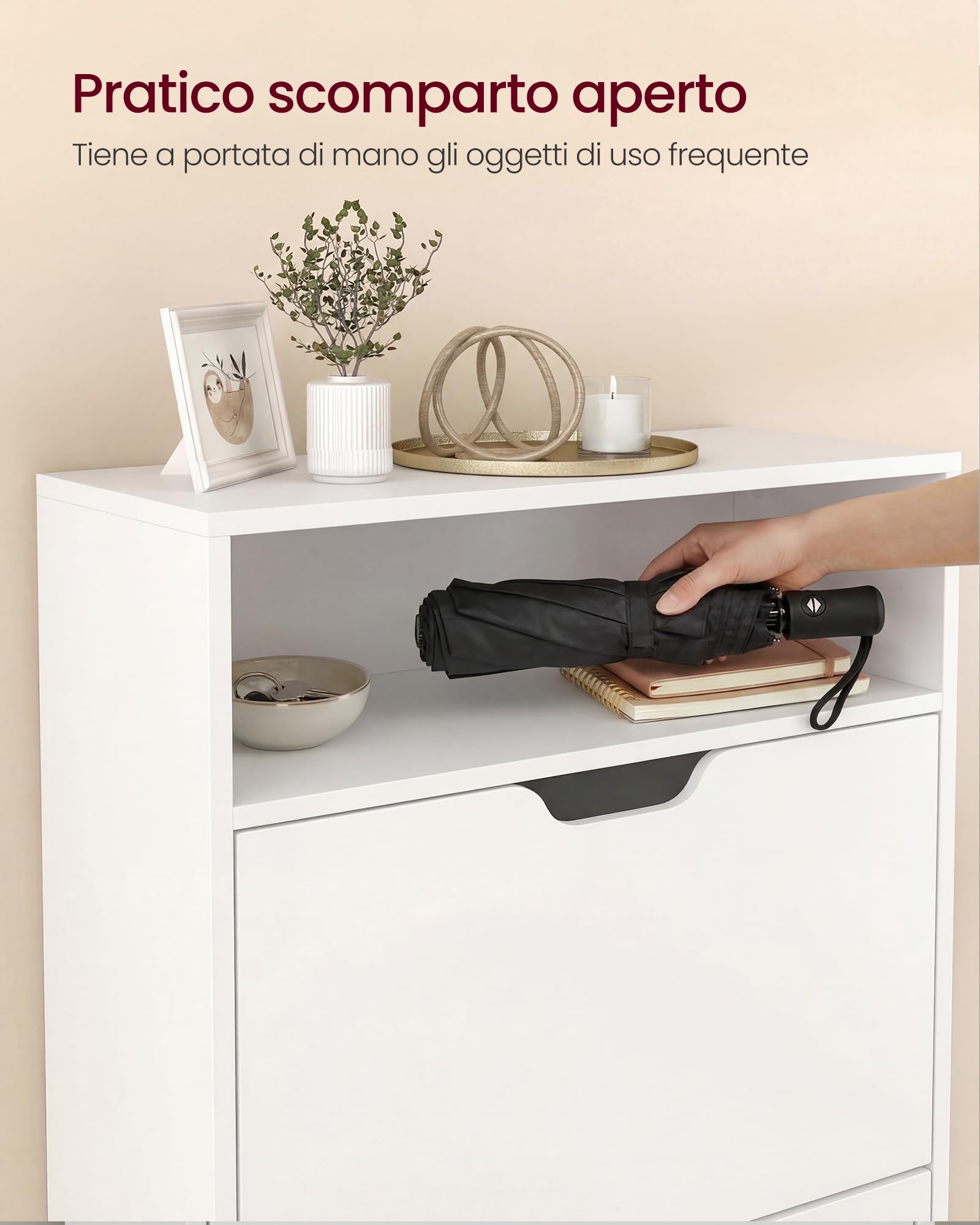 VASAGLE Scarpiera a 2 Ante a Ribalto, Scaffale Portascarpe, Scomparto Aperto, Divisorio Regolabile, 8-12 Paia, per Piccoli Ingressi, 24 x 60 x 102 cm, Bianco Nuvola LBC040W01