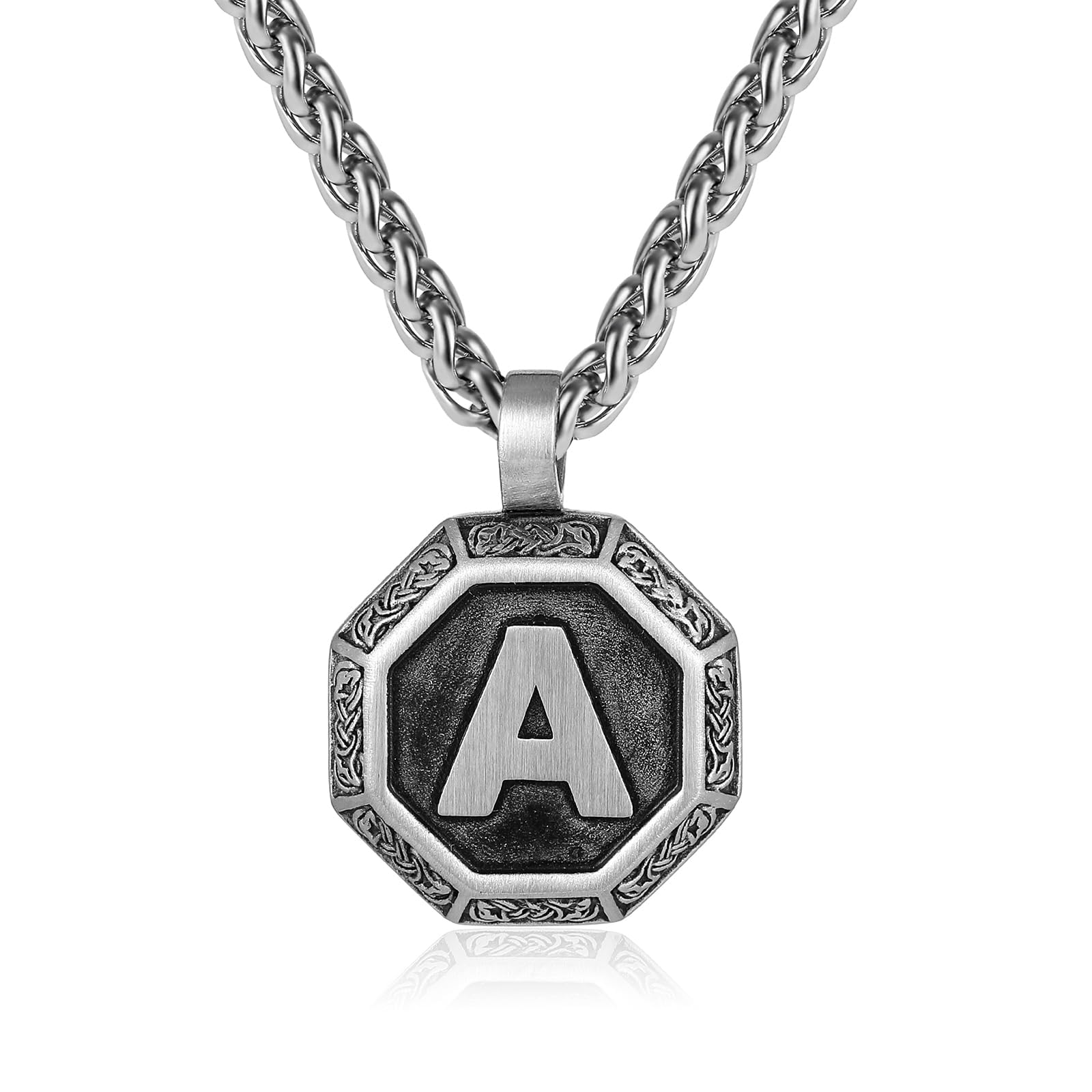 Zocomi Initial Necklace for Men Stainless Steel Letter A-Z Pendant Chain 20+2 Inches, Octagon Norse Viking Talisman Jewelry Gifts