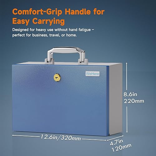 Miniatura 4 de WeHere Caja fuerte con cerradura con llave, caja de bloqueo de metal resistente para efectivo, documentos, objetos de valor, bolsa ignífuga, caja de
