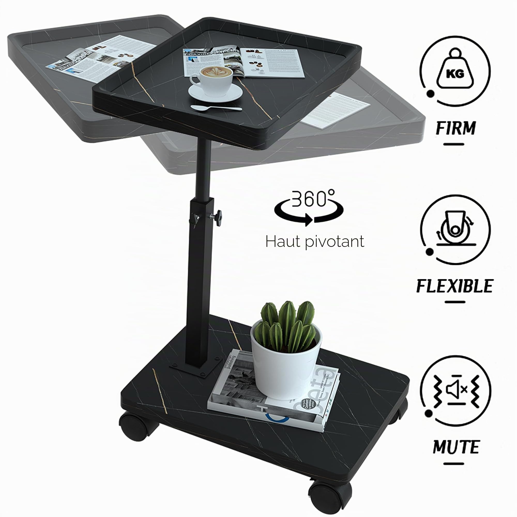 Table D'appoint - Table Dappoint avec Roulettes - Bout de Canape Hauteur Réglable (45-80 cm) et Rotative à 360° - Bout de Canape Bois Facile à Monter - Petite Table Basse pour Salon Balcon Chambre