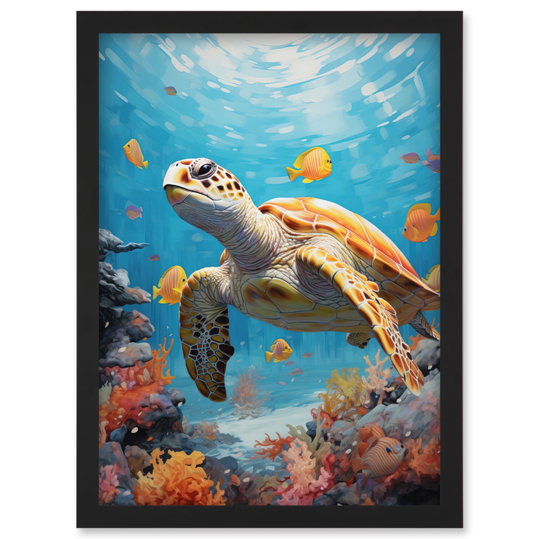 Artery8 Loggerhead Sea Turtle in Coral Reef Bright Detailed Artwork Caretta Swimming with Yellow Striped Fish Artwork Framed Wall Art Print A4