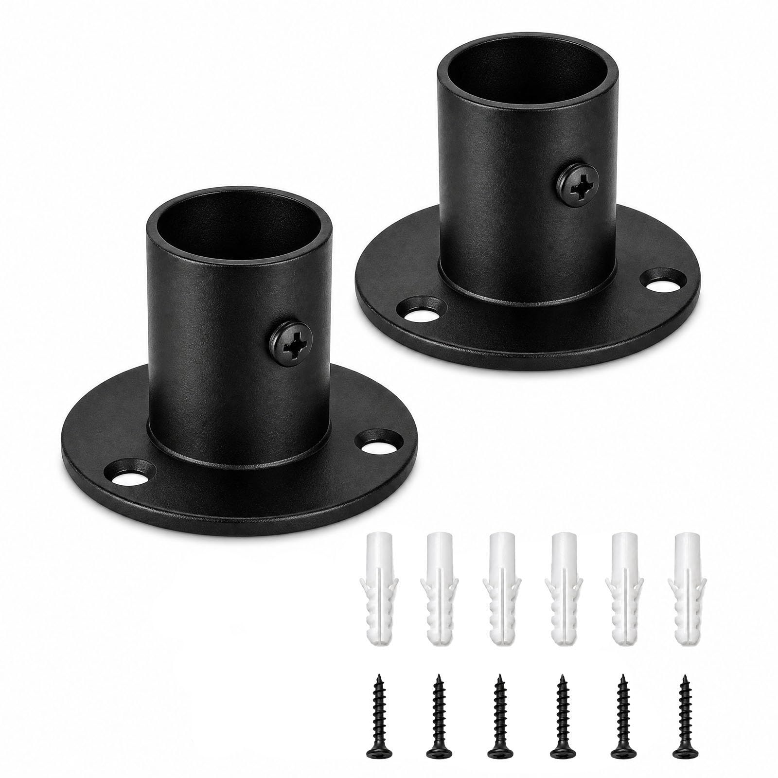 FortWeal 19mm Wardrobe Rail Brackets Heavy Duty High Rise Flange Brackets Wall Mount Pole Holders Black Metal Clothes Rail Supports for Wardrobes Curtain Poles and Hanging Rails 2 Pack