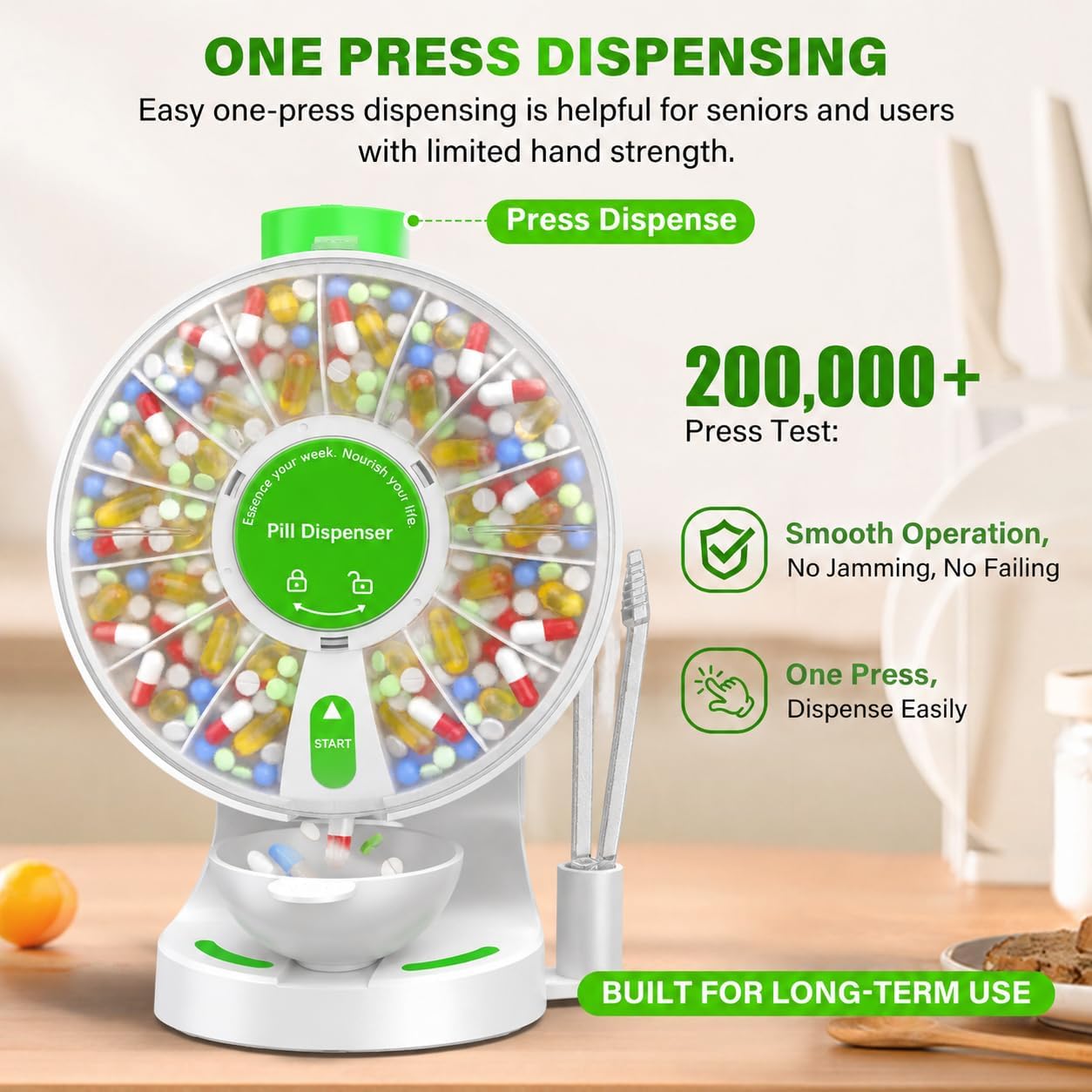 【Upgrade】Easier to Open&Refill Pill Dispenser Organizer, Textured Lid Design 14-Compartment Large Capacity Pill Box with One-Press Dispensing, Child Lock, Magnetic Cup, Wall-Mount or Countertop(Green)