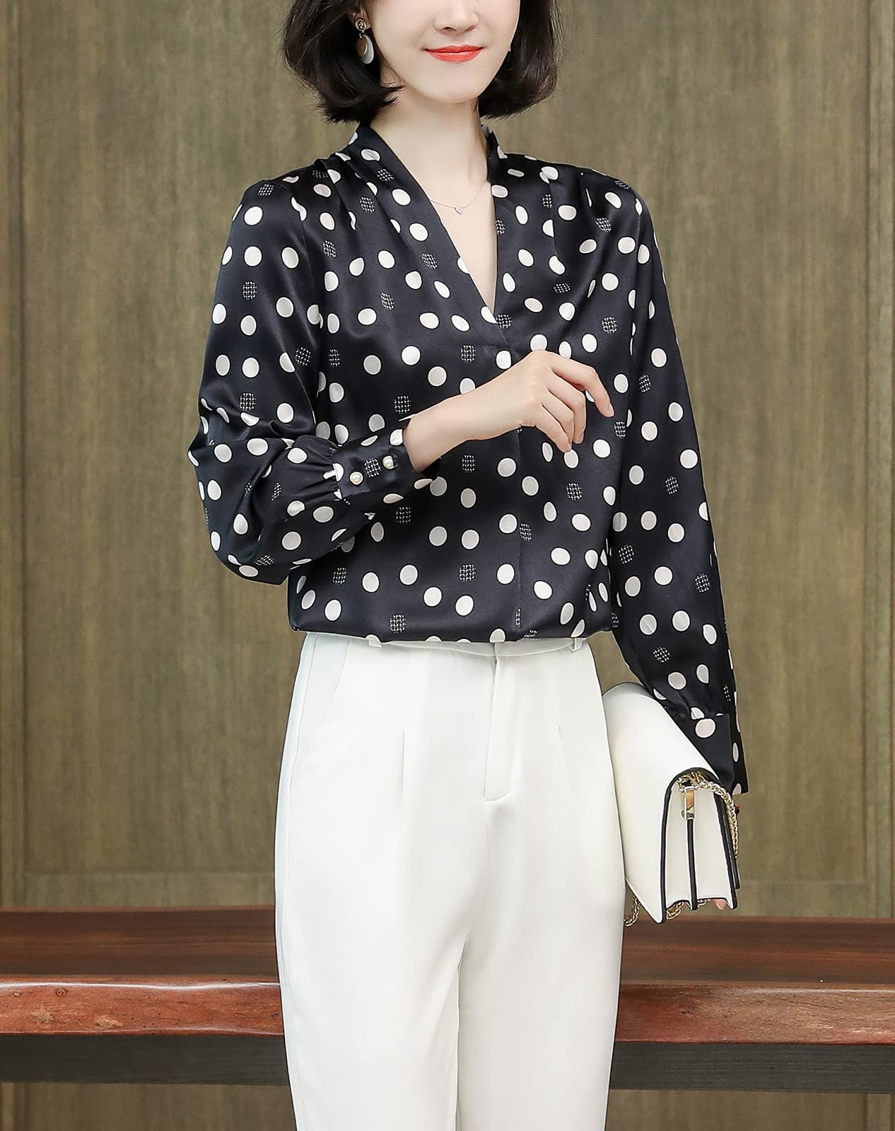E-girl Blusa de seda para mujer con estampado de puente, blusa de manga larga con cuello en V, blusa de seda, S3517
