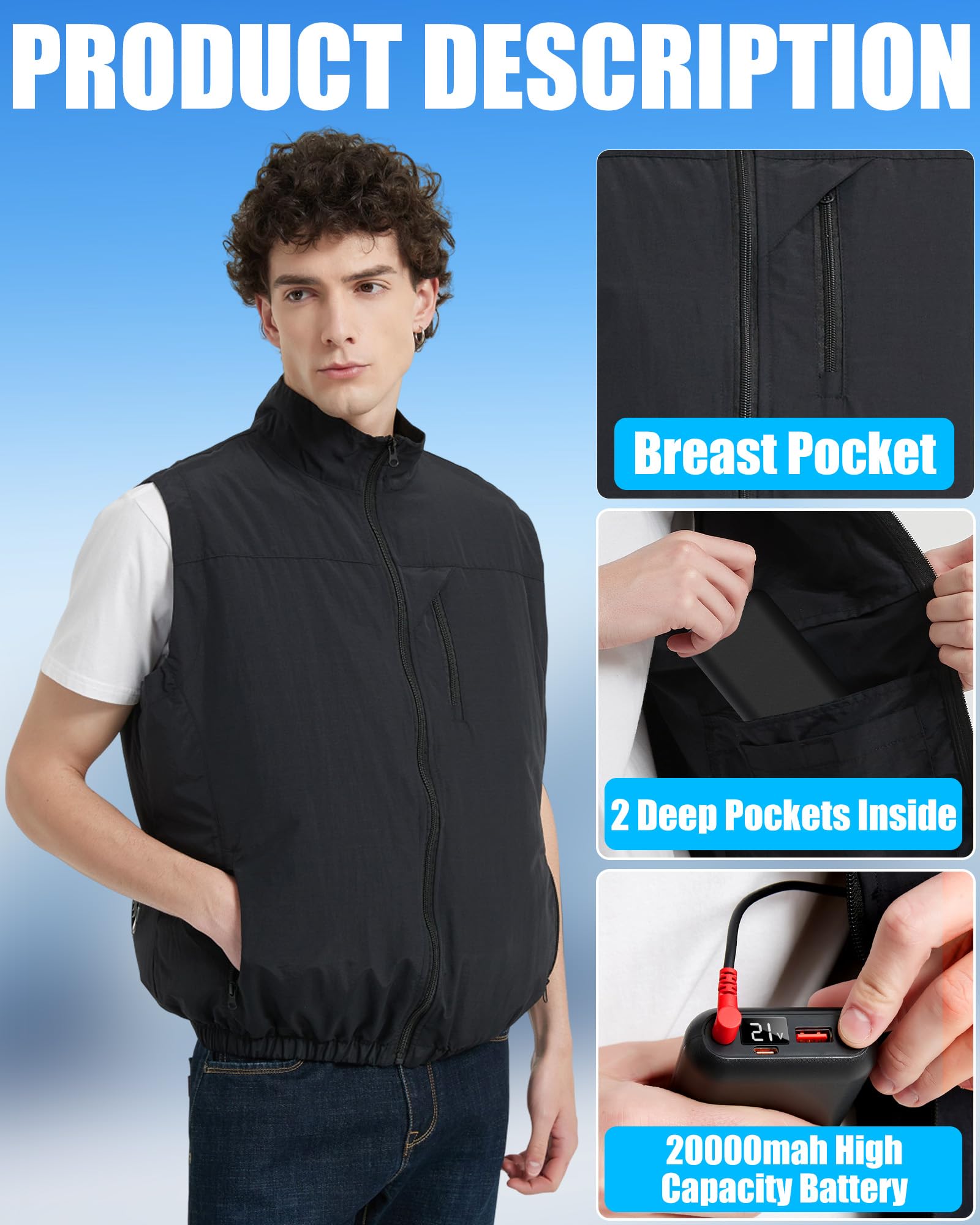 Gilet de refroidissement avec 2 ventilateurs sans balais et batterie 21 V 20 000 mAh - Gilet de refroidissement pour hommes et femmes - 4 vitesses - Léger et respirant - Idéal pour