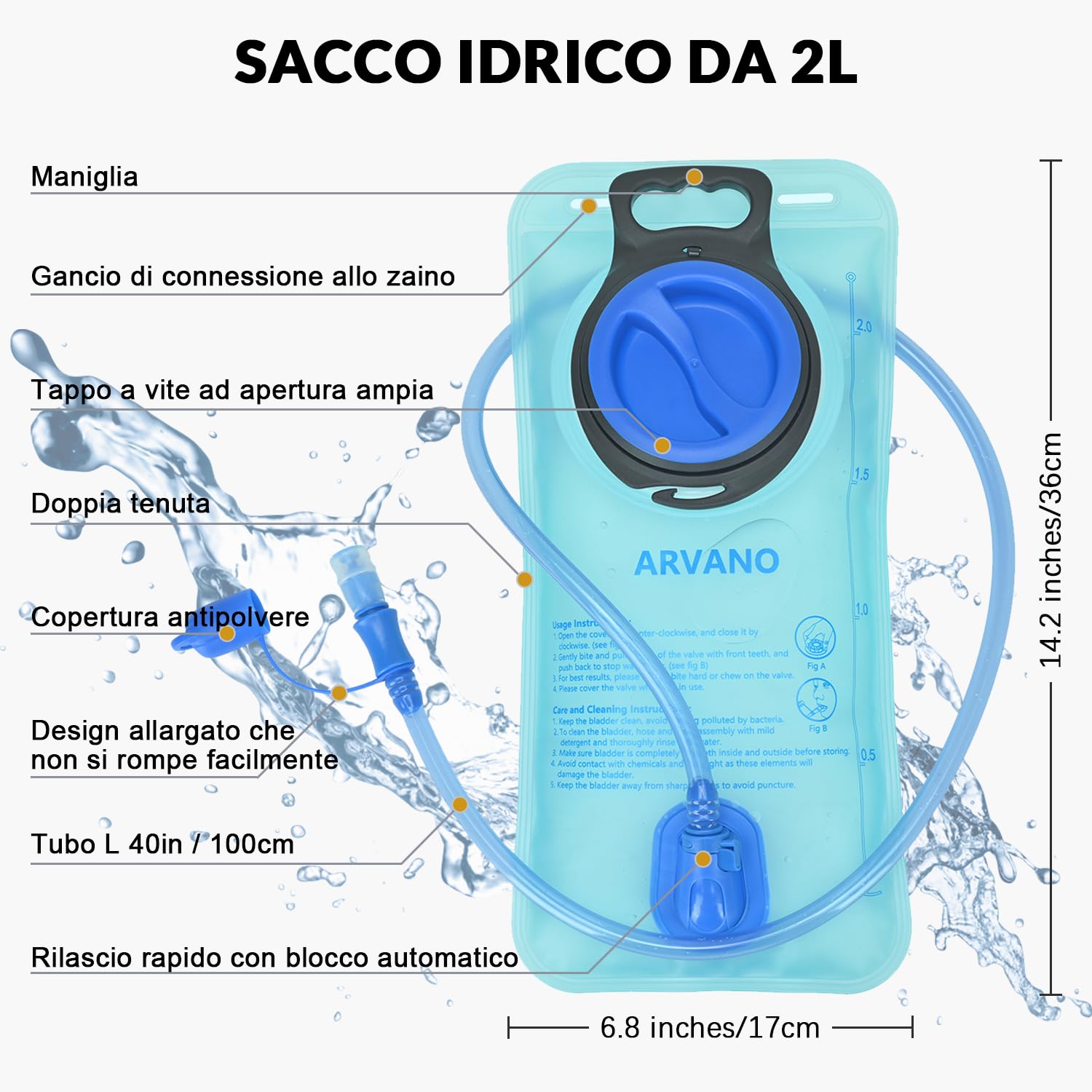 Borraccia Zaino 2L Con Valvola - Senza BPA, Antigoccia, Per Trekking, Ciclismo, Sport - Foto 3