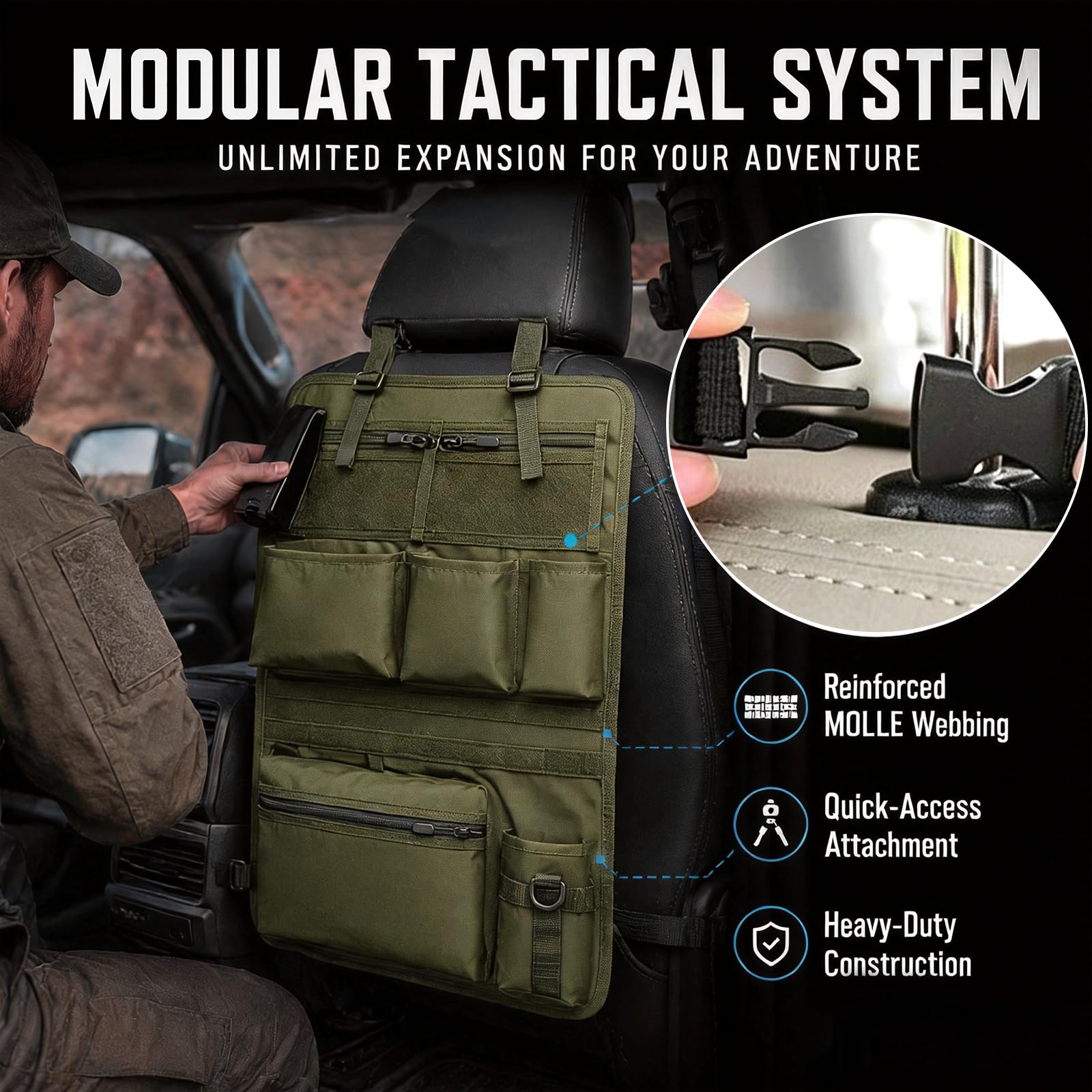 Taktischer Autositz Organizer Rückenlehne 42×62 cm, Auto Sitz Organizer mit MOLLE System, Rückenlehnenschutz mit Taschen, Netztaschen & Becherhalter für SUV, Jeep, Reisen, Camping (Grün)