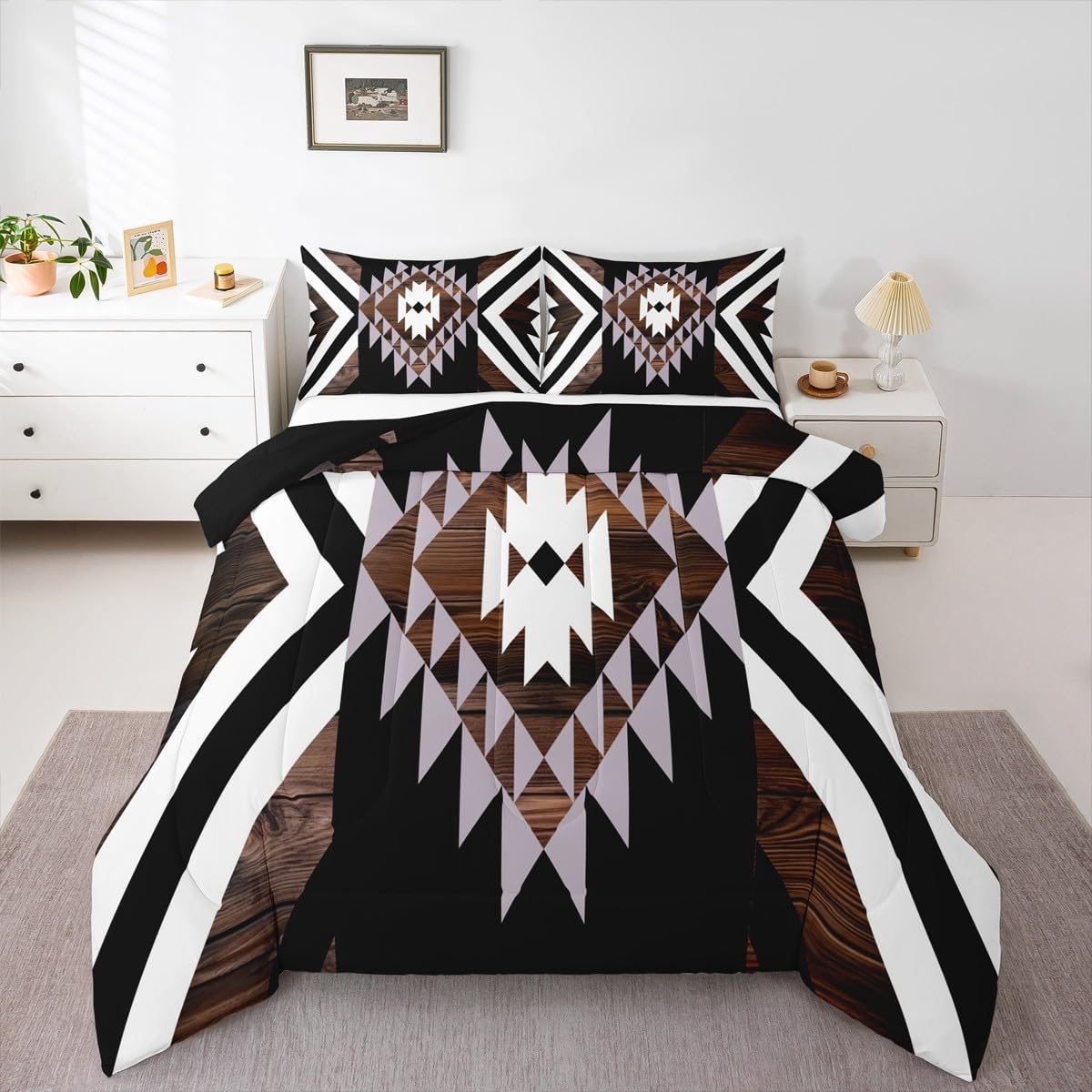 Feelyou Black Brown Rustic Western Bedding Set Queen Size Southwestern Aztec Tribal Comforter Set for Boys Girls Vintage Geometric Duvet Quilt Soft