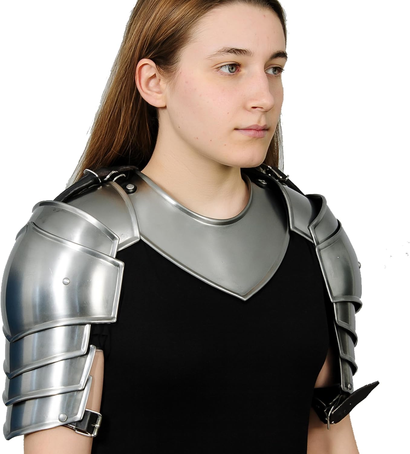 Pair of Pauldrons With Gorget - Women's LARP Fantasy Shoulder Armor, Medieval Crusader Knight Costume