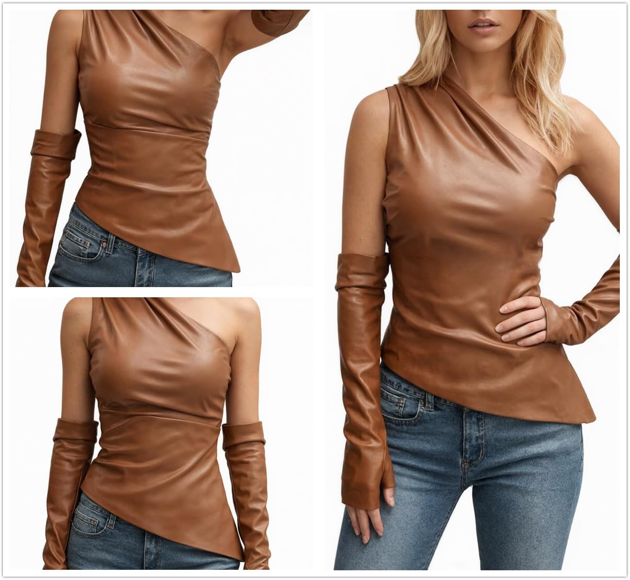 Sorrica レディース ワンショルダー フェイクレザートップ アシンメトリー シャーリング Y2k タンクトップ アームスリーブ