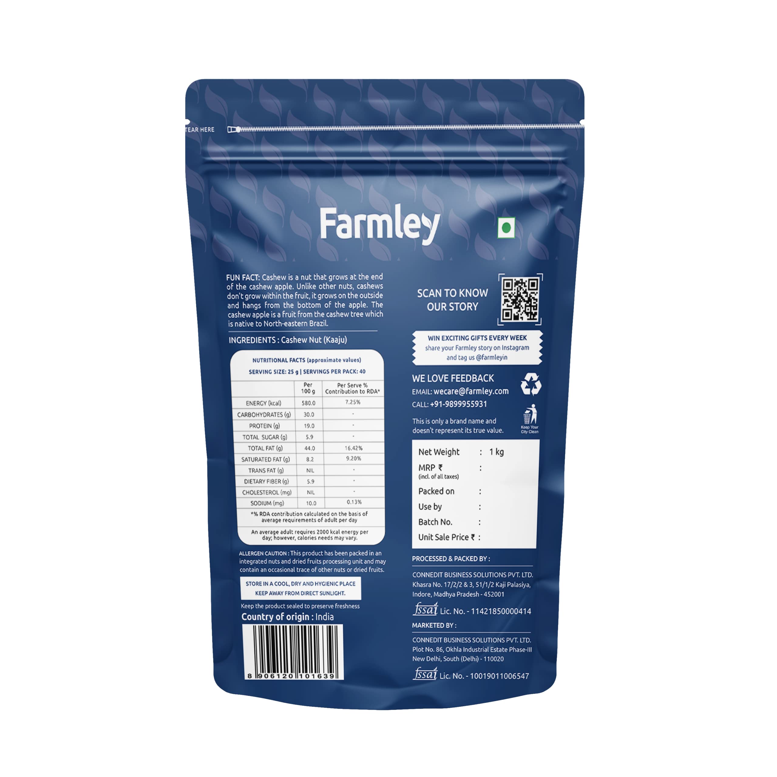 Farmley Natural & Premium W320 Lot de 1 kg de noix de cajou entières | Fruits secs Kaju | Riche en protéines, nutritives et croustillantes | Blanc naturel & sans conservateurs