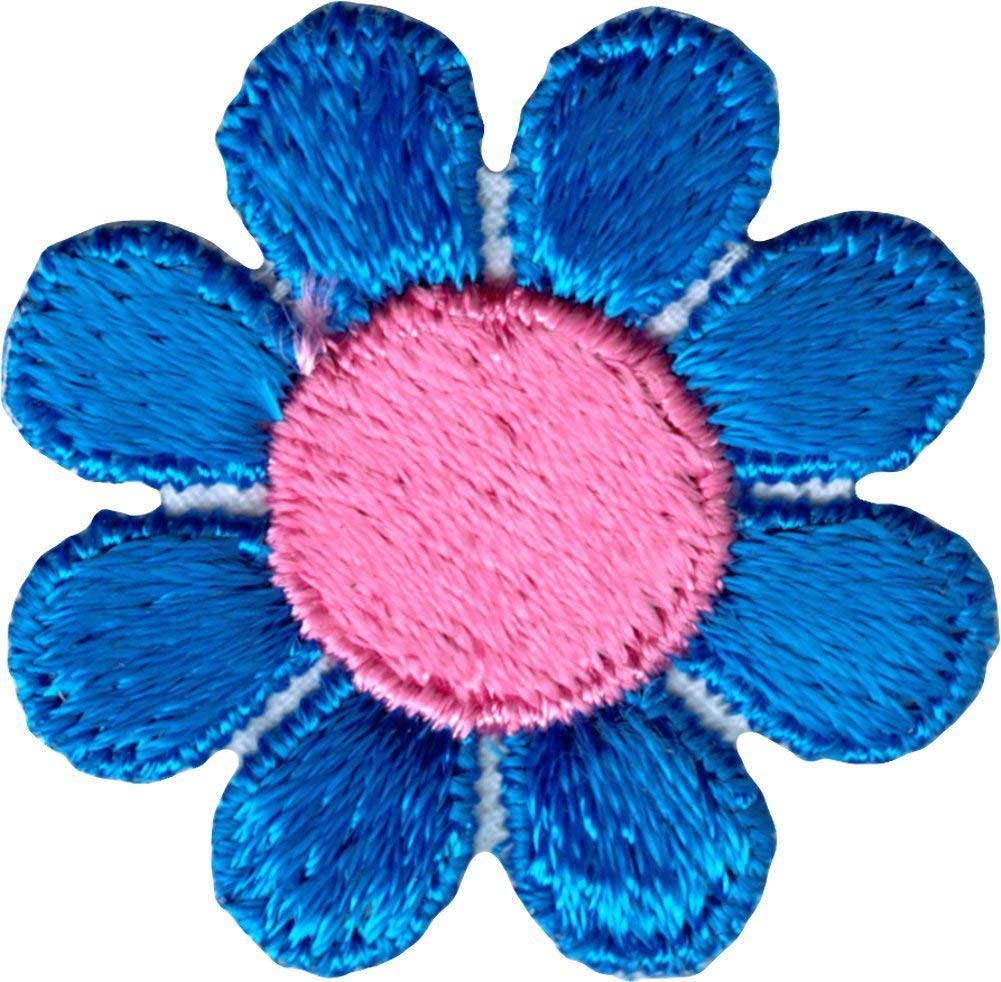 Daisy Flower - Dark Blue with Pink Center - Embroidered Sew or Iron on Patch