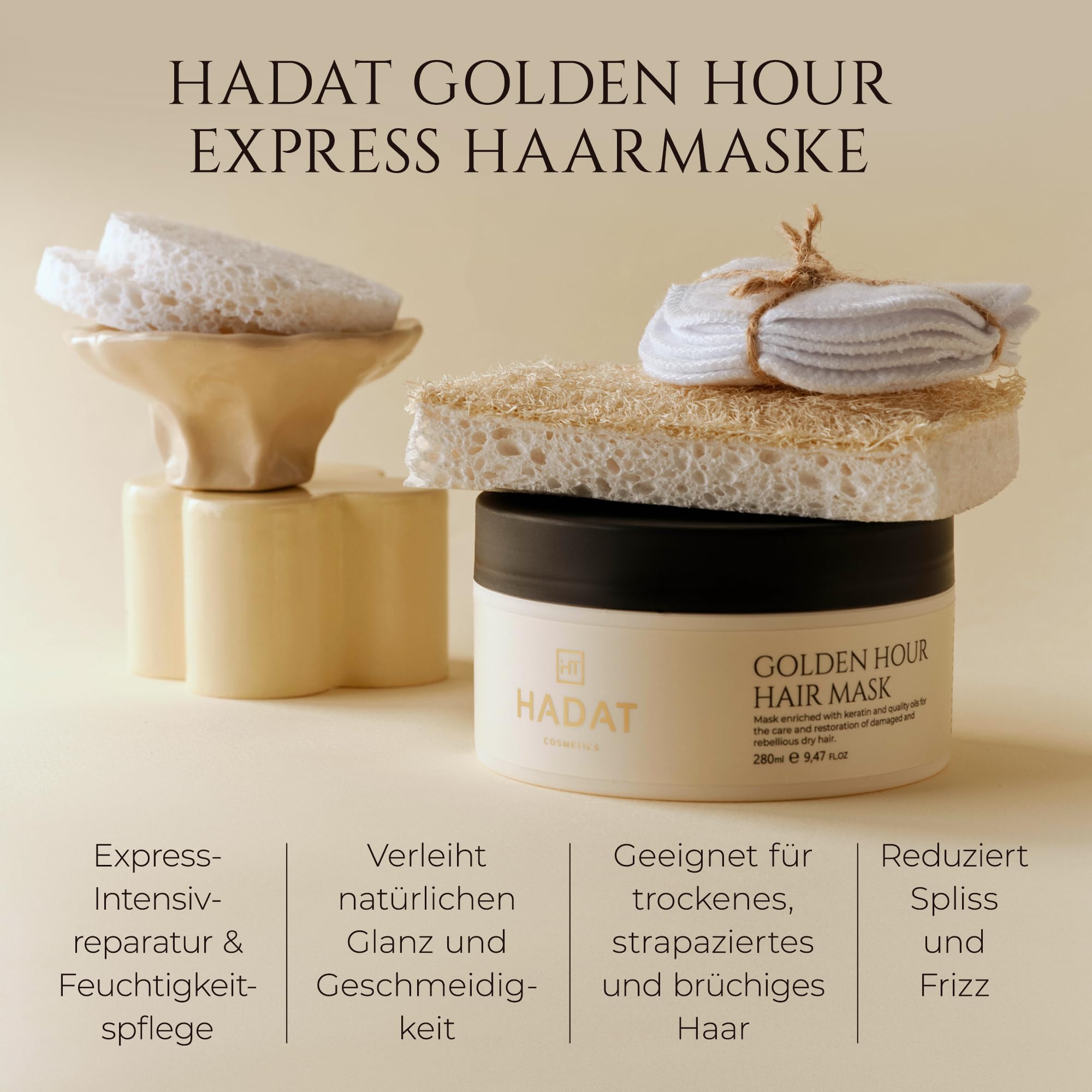 HADAT Golden Hour Express Hair Mask – Premium Professionelle Haarpflege mit Pearl Powder – Intensive Feuchtigkeit für Trockenes und Geschädigtes Haar – Geschmeidigkeit – Salonqualität – Made in Israel