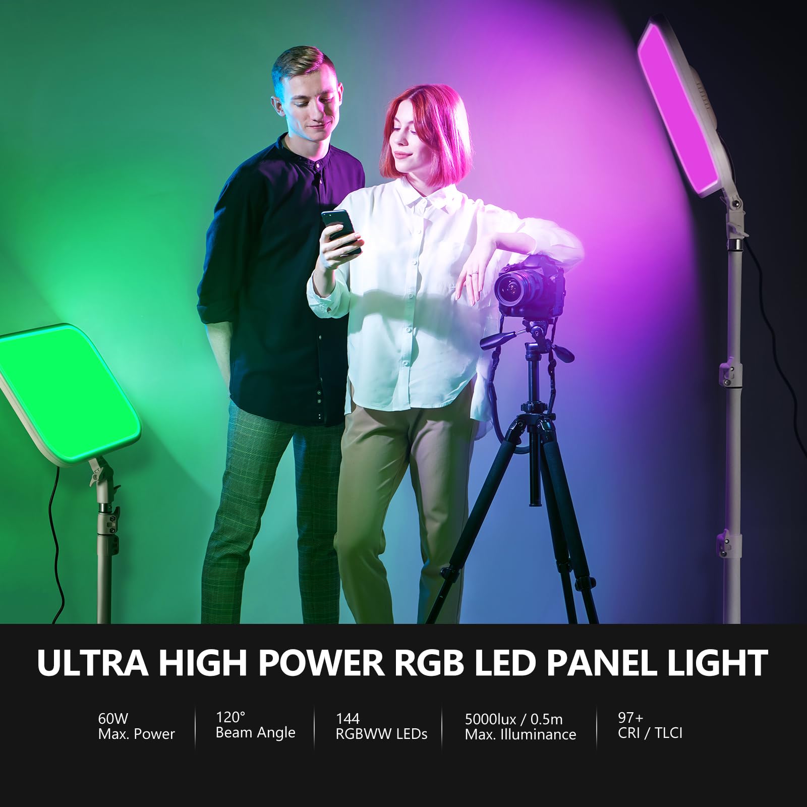 NEEWER 13" LED Video Light Panel Kit, 2 Pack Bi Color Dimmable with Tripod Stand, 4000mAh Battery, 3200K-5600K CRI97+, USB, for Studio/Streaming/YouTube, Black, NL-192AI