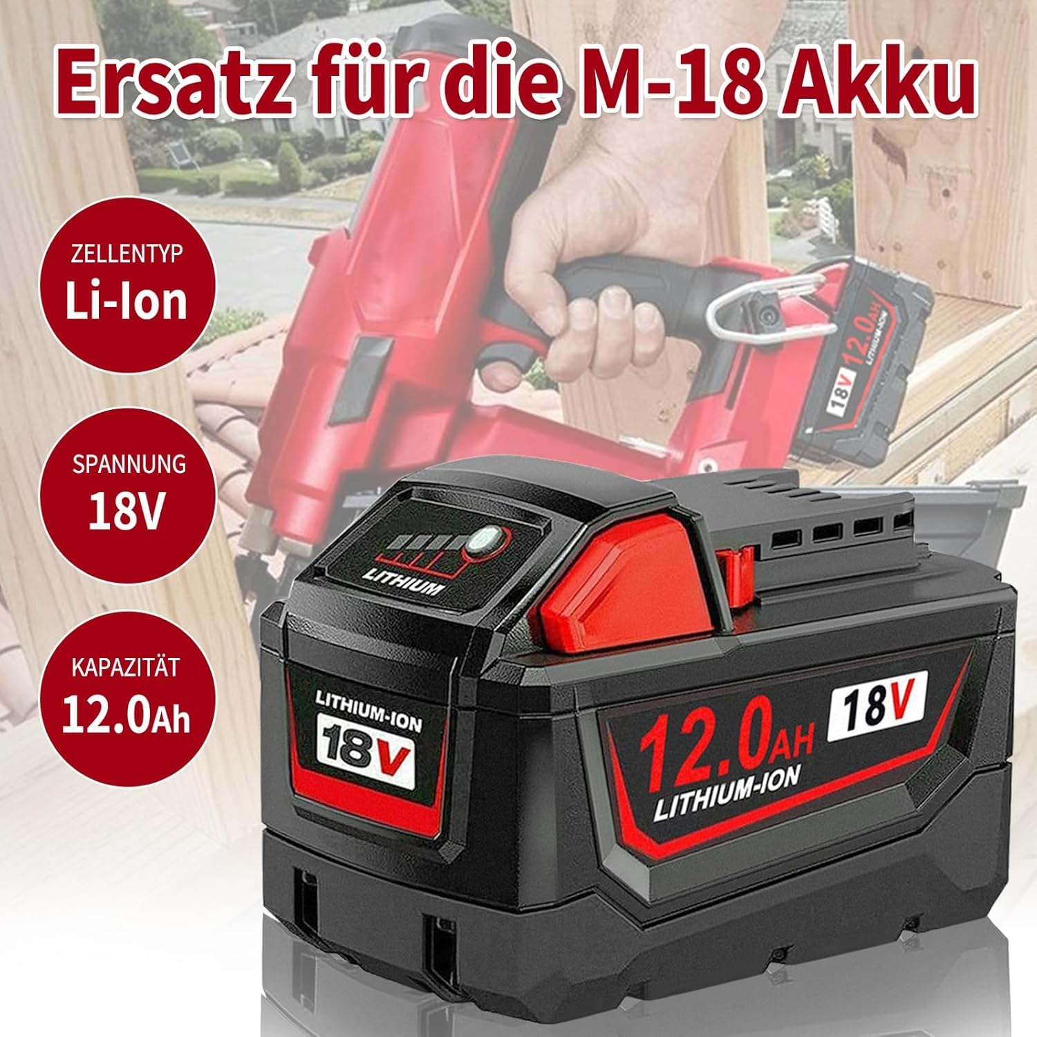 2 Stück 12.0Ah Li-Ion Ersatzakku für Milwaukee Akku 18V M18, Kompatibel mit M18B 48-11-1850 48-11-1840 48-11-1828 48-11-1820