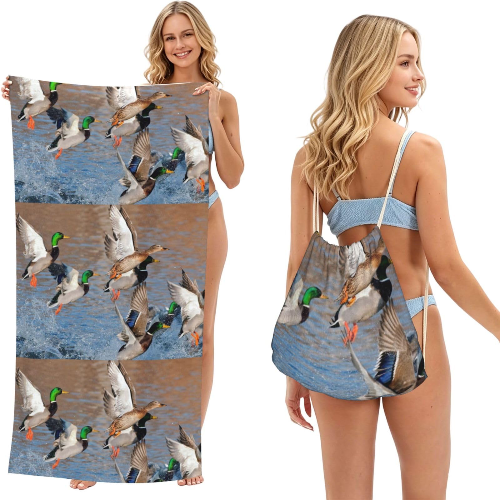 Poadnly As Picture Mallards Duck Hunting Mallard Ducks, 2 In 1 Packable Towel Bag, Beach Towels With Drawstring Backpack For Travel Holiday Camping