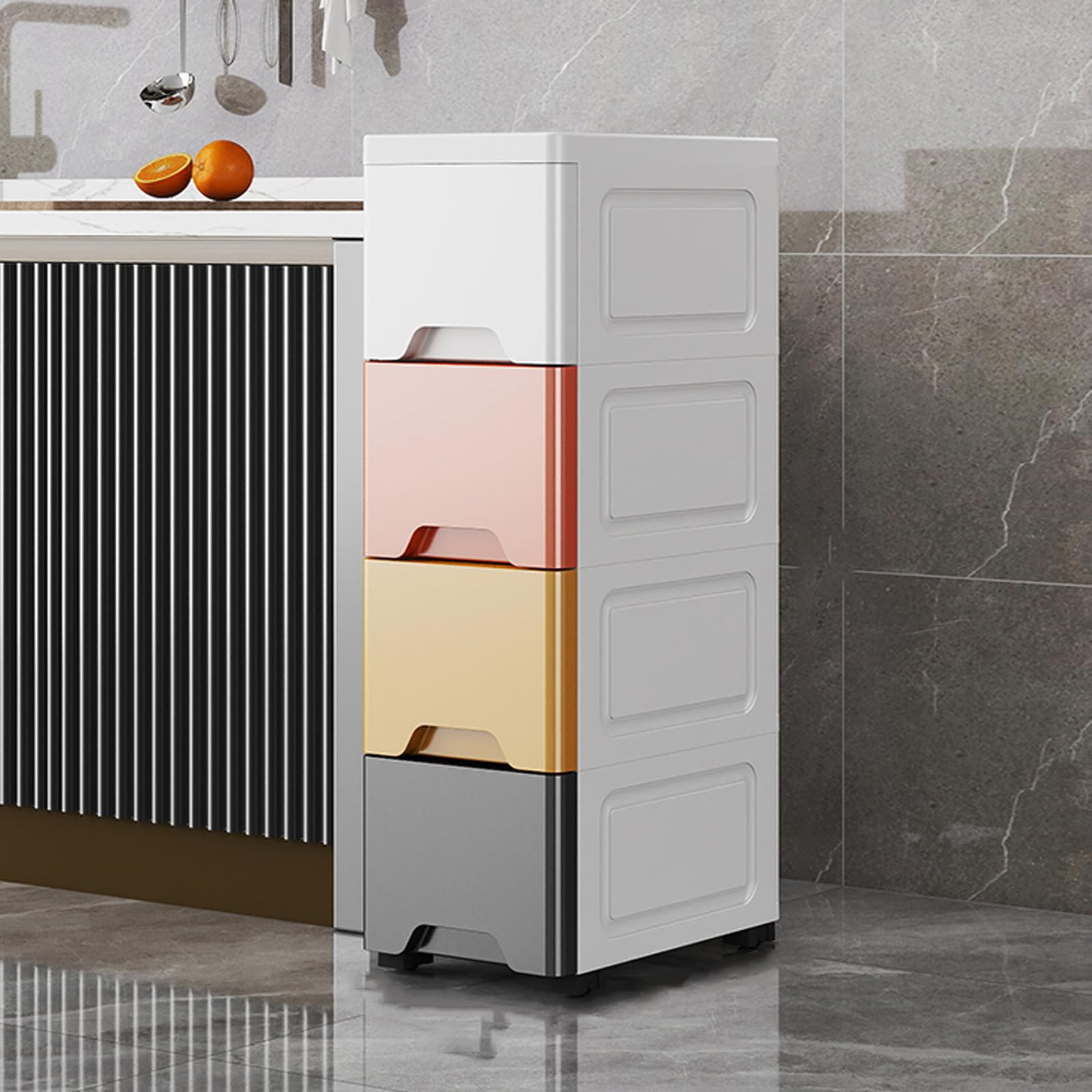 Mueble organizador estrecho con cajones que ahorra espacio