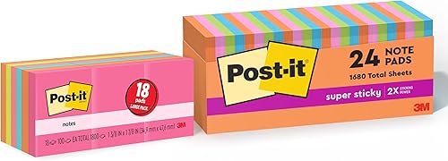Post-it Notas súper adhesivas, naranja, verde, azul, rosa, amarillo, 2 veces el poder de adherencia, 3 pulgadas x 3 pulgadas, 24 blocs por paquete y