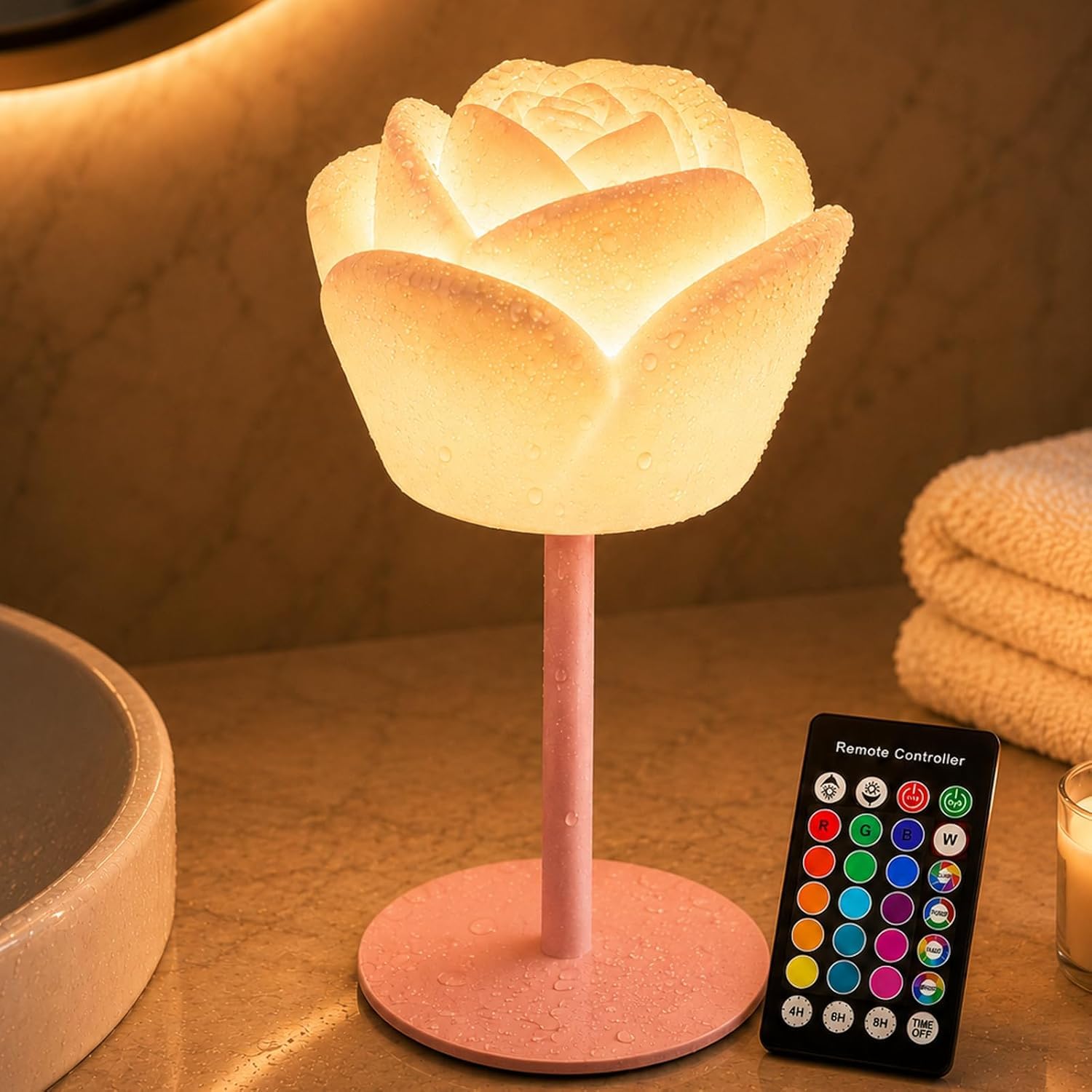 OOWOKS Flowershaped LED Table Lamp Dimmable Bedside Lamp with Remote Control 16 Colours Rechargeable Cordless Waterproof Shower Lamp Rechargeable Bathroom Lamp Flowershaped Lamp for the Bedroom