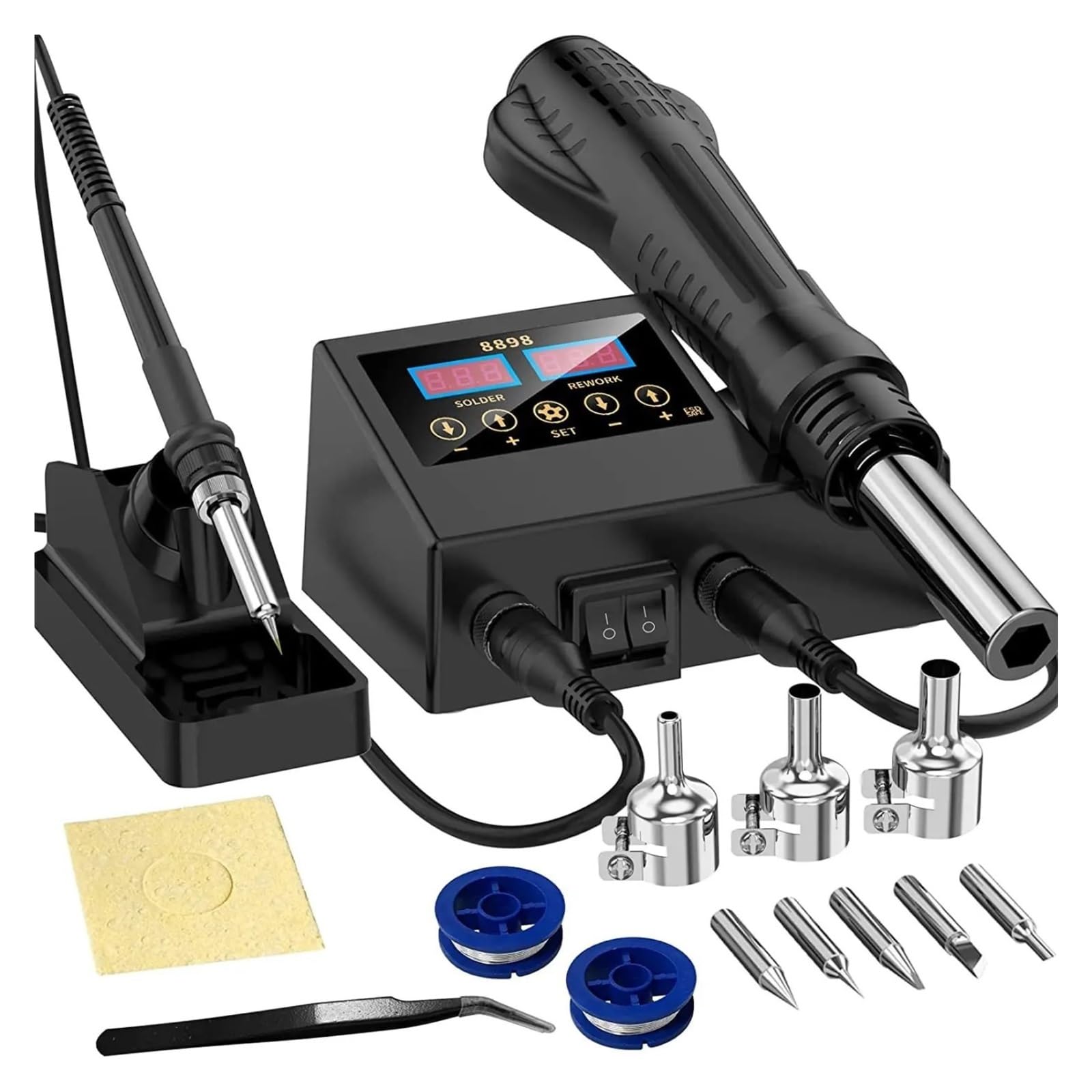 Estación de soldadura de retrabajo SMD inteligente 2 en 1 sin plomo 8898, pistola de aire caliente portátil y kit de hierro de precisión(889814 piece set)
