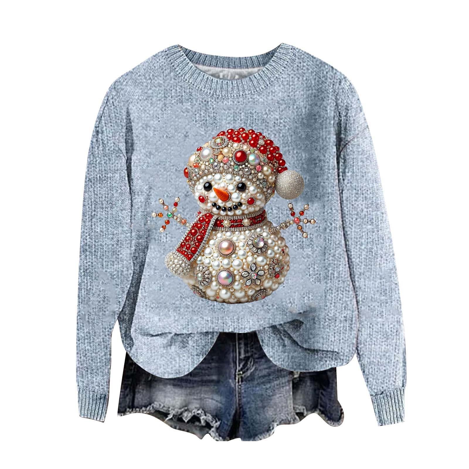 Heevina Christmas Sweatshirts For Women Pearl Jewel Snowman Printed Crewneck Sweater 2025 Winter