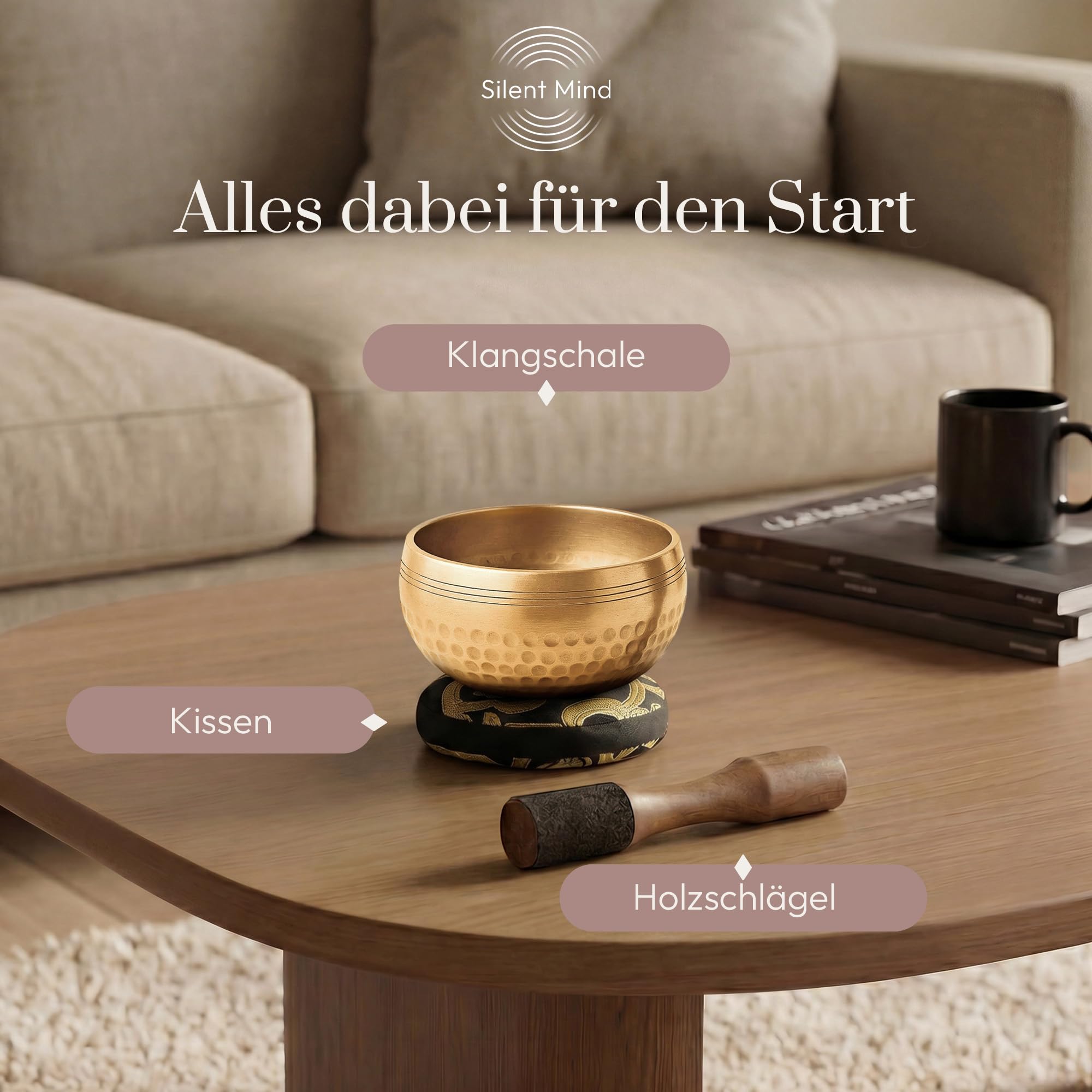 Silent Mind Klangschale Ø9 cm Bronze – Handgefertigtes Komplett-Set mit Kissen und Klöppel, für Anfänger geeignet, klarer stabiler Klang, ideal für Meditation und Achtsamkeit