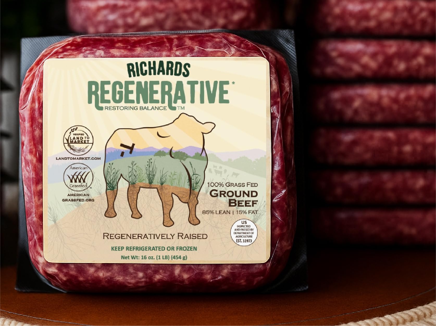 Richards Regenerative Premium Grass-Fed Ground Beef, 85% Lean / 15% Fat – Frozen Family Pack Perfect for Burgers (10-1lb Packages)