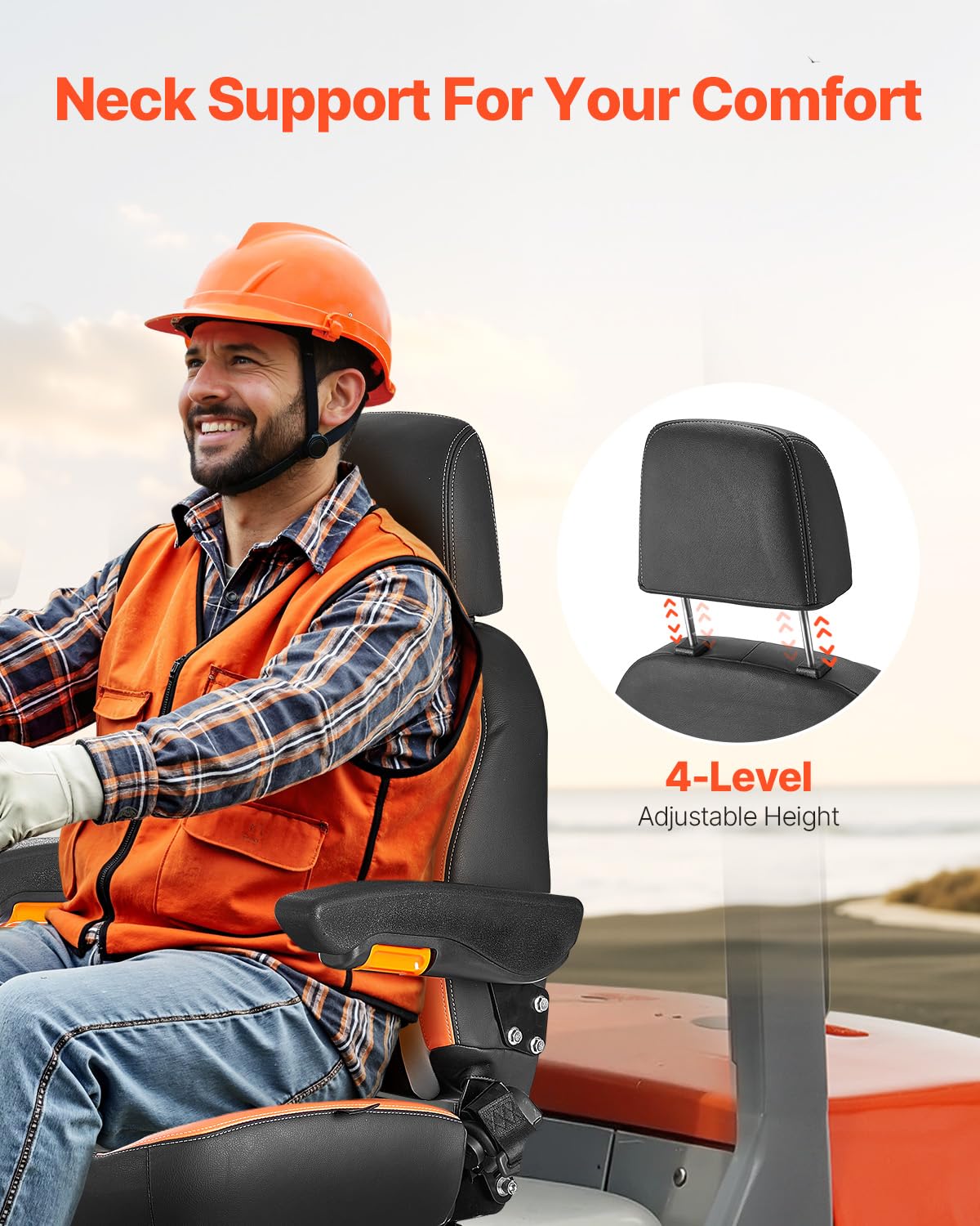 VEVOR Asiento Universal para Carretilla Elevadora 52 x 59 x 82 cm Asiento con Respaldo Ajustable, Reposabrazos, Reposacabezas y Cinturón de Seguridad, Microinterruptor, para Cortadora de Césped - 4