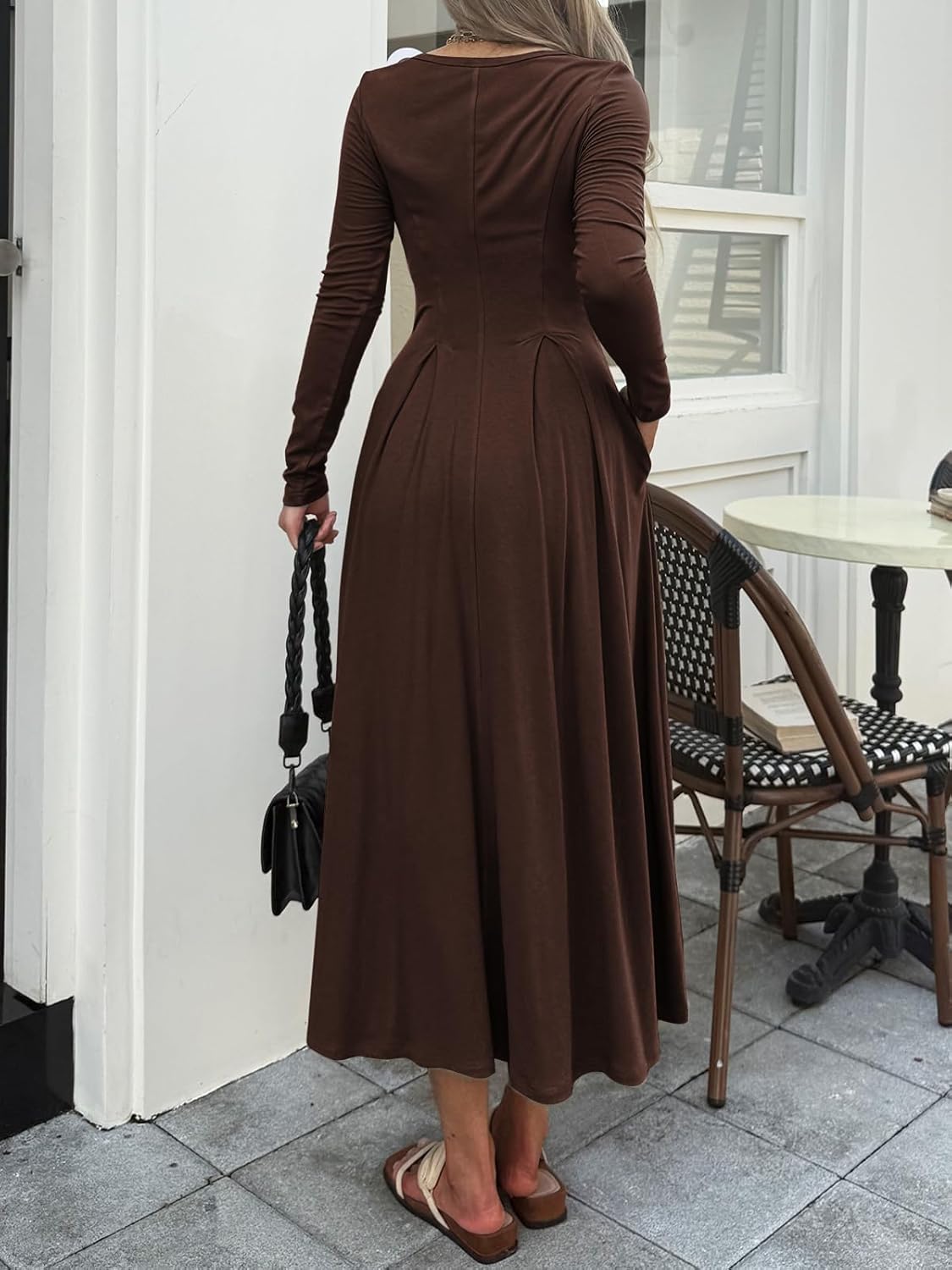Women Long Sleeve Square Neck Maxi Dress A-Line Pleated Flowy Elegant Party Cocktail Winter Fall Dresses with Pockets - Image 5