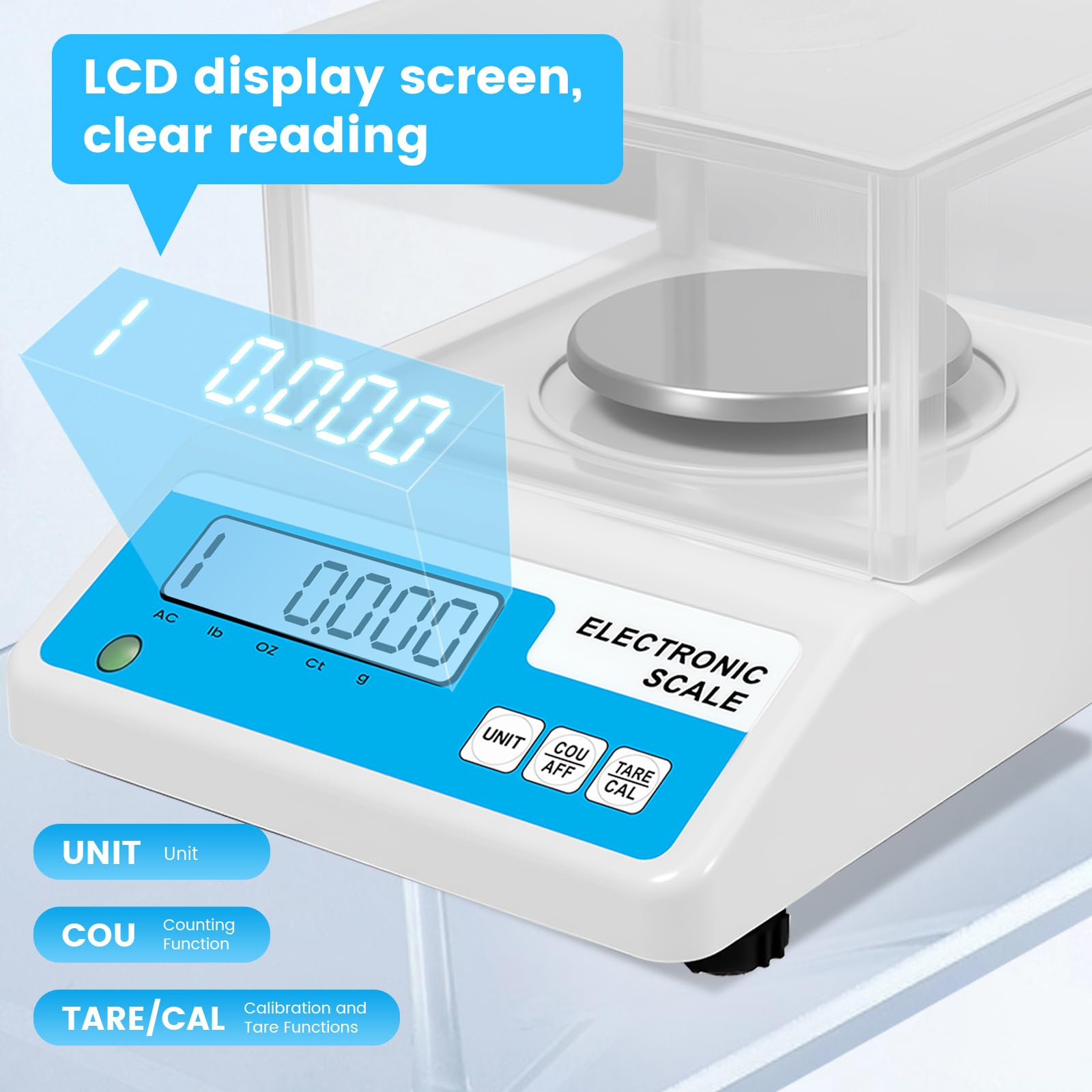 Laboranalytische Waage, 500 g x 0,001 g, 001 g, hochpräzise Digitalwaage mit Windschutzscheibe, Schmuckwaage für Goldpulver, Labor, Küche, Schule, 5 Einheiten LCD-Display