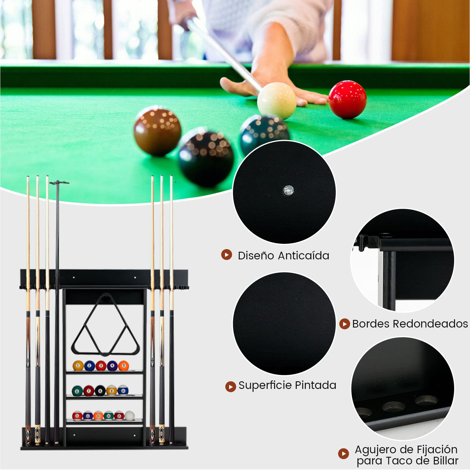 COSTWAY Billar Rack in Madera Maciz, Estante para Palos de Billar 8 Tacos, 15 Bolas de Billar, 1 Soporte para Bolas, Equipo de Billar Compacto para la Sala de Billar, Club, Bar (Negro)
