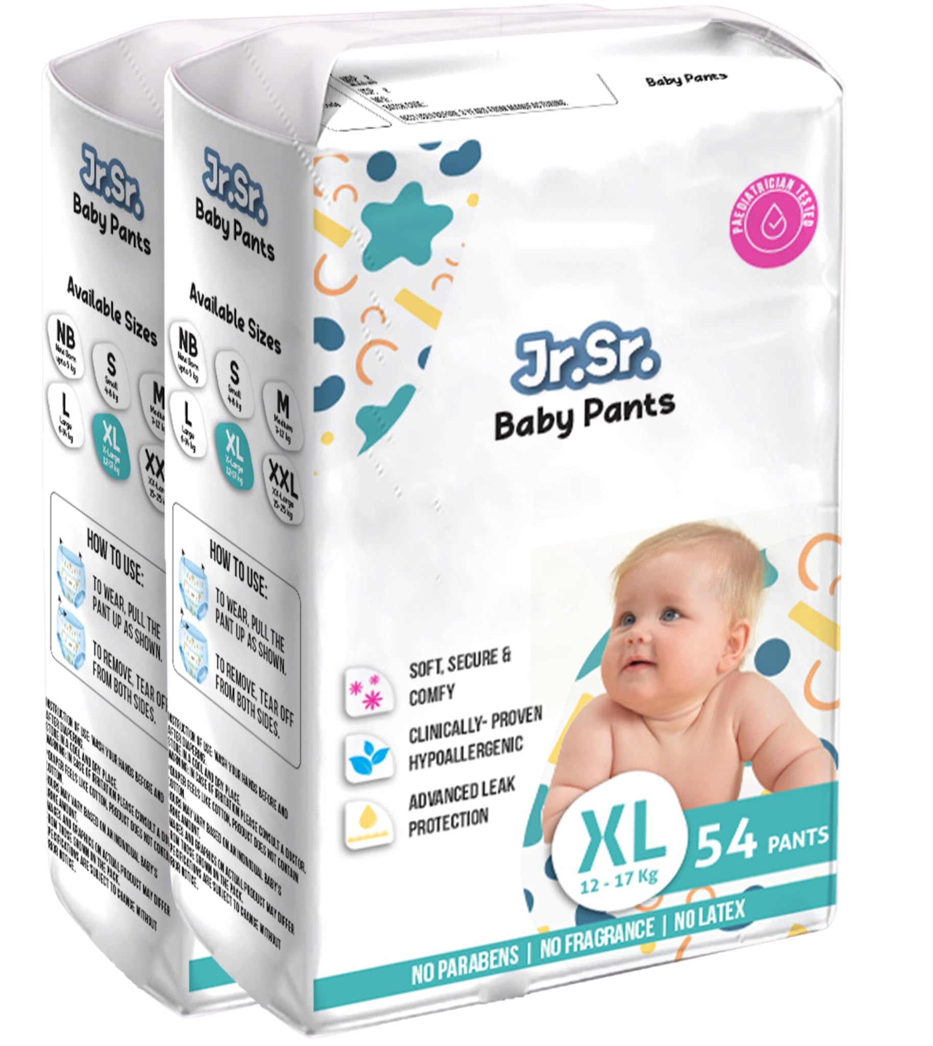 Jr. Sr. Baby Diaper Pants with Advanced Leak Protection | Soft & Comfortable| Extra Large | 12-17 Kg | 108 Counts | Pack of 2