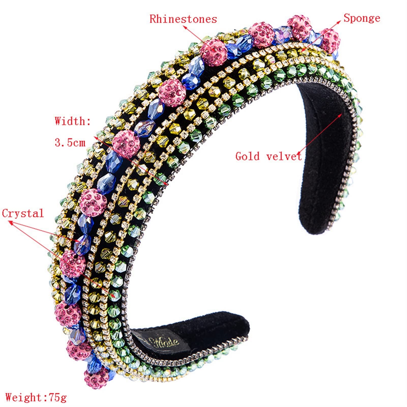 Moda Opaski Crystal Headband Moda Wyściełane Dżetów Zespół Włosów Pogrubienie Szeroko Hairband Hoop Kobiety Dziewczyny Akcesoria do włosów Beaded Headband (Color : Black)