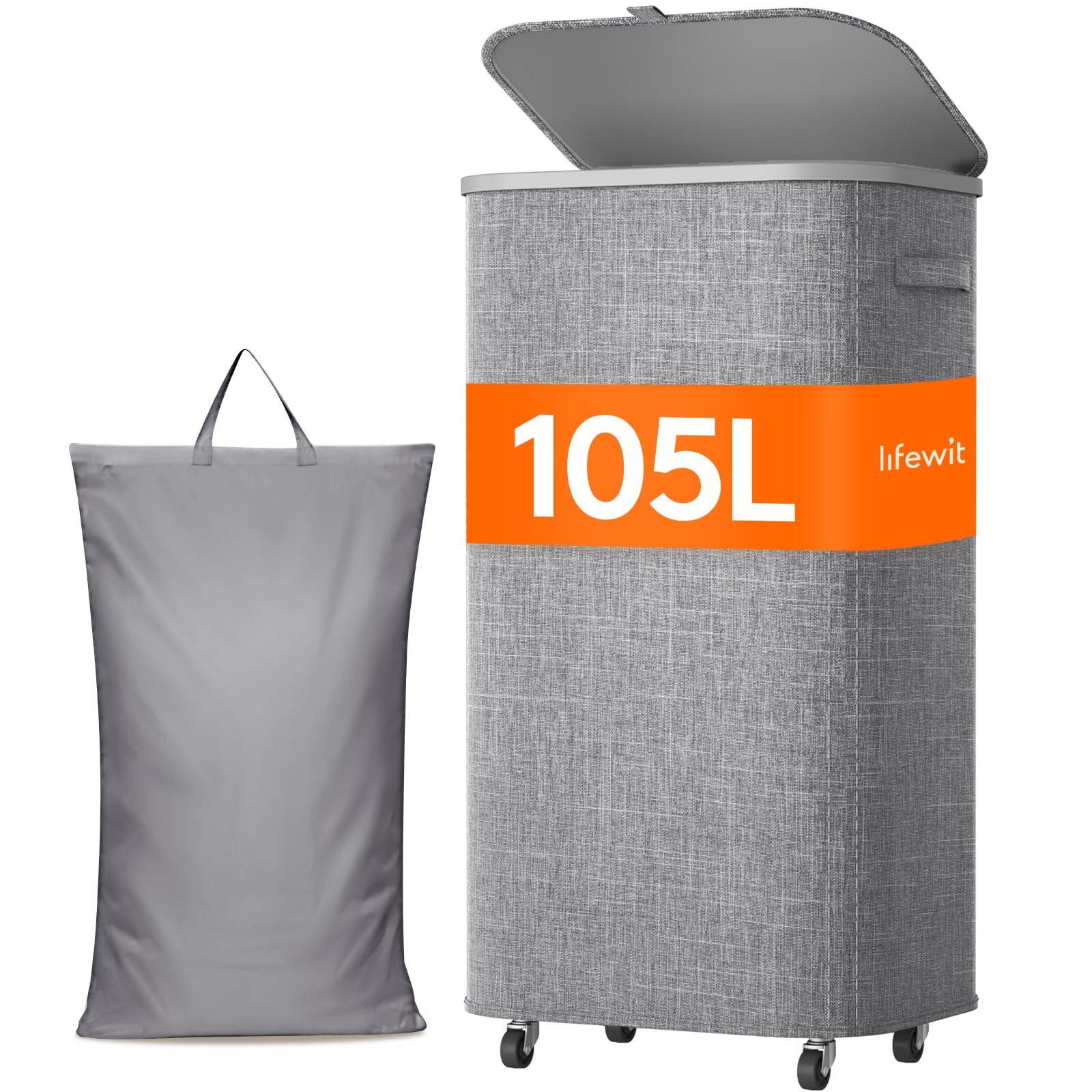Lifewit Panier a Linge Sale avec Couvercle et Roulettes, Corbeille Linge Pliable avec Sac Amovible, Bac Linge, Laundry Basket pour Chambre, Salle de Bain, Buanderie, 105L, Gris Clair