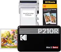Impressora fotográfica portátil KODAK Mini 2 Retro 4PASS (5,3 x 8,6 cm), inicial 8 folhas + pacote de 60 folhas, preta