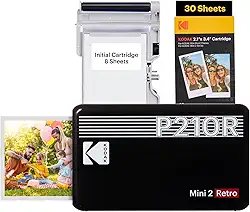 Impressora fotográfica portátil KODAK Mini 2 Retro 4PASS (5,3 x 8,6 cm), inicial 8 folhas + pacote de 60 folhas, preta