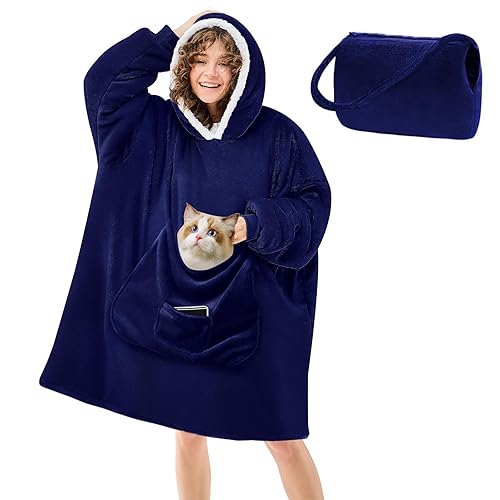 JOYWOO Navy Foldable Wearable Blanket Hoodie,Oversized Cat Lovers Sweatshirt Blanket