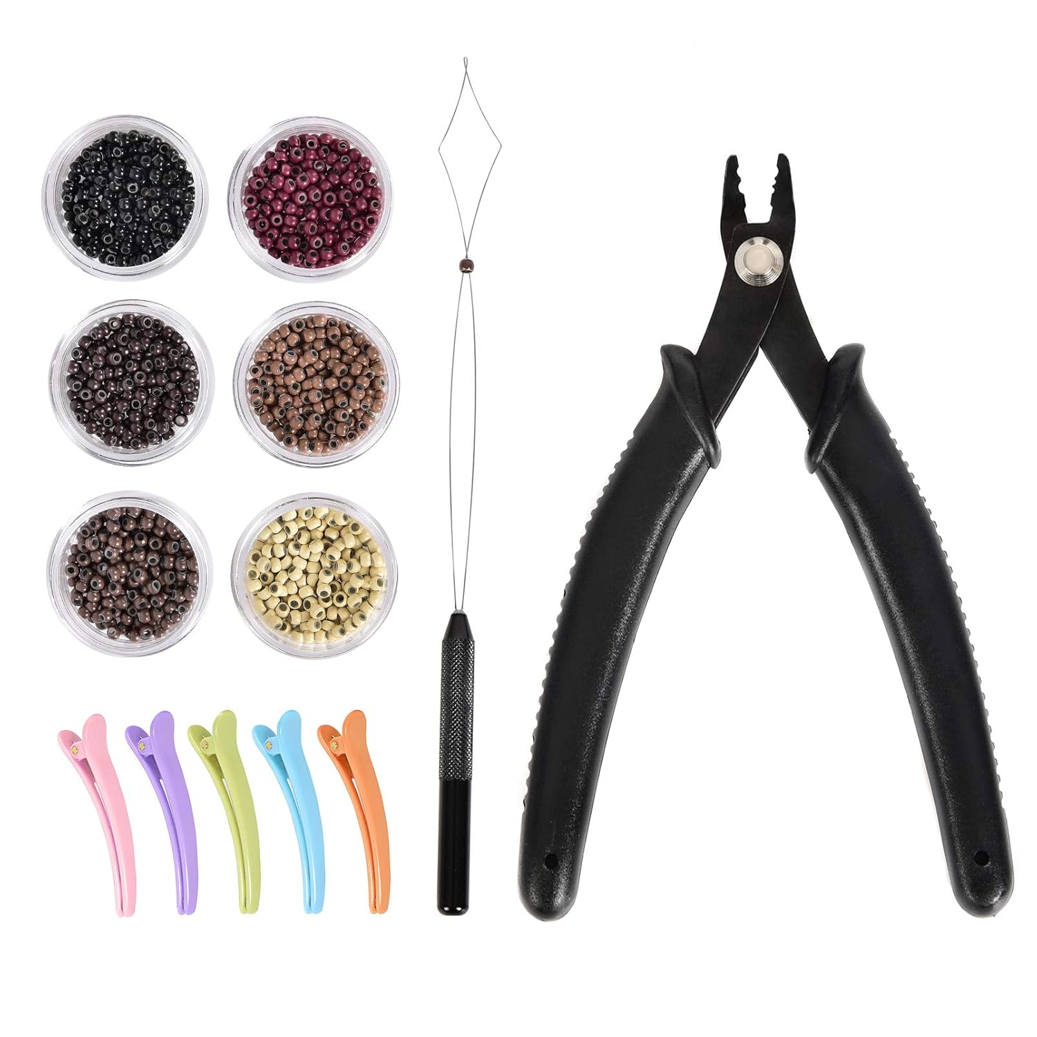 Nano Ring Micro Link Hair Extension Kit Tool with Small Silicon Lined Nano Beads(6colors,200pcs/color),a Loop Threader and a Special Hair Extension Plier for Tiny Nano Rings