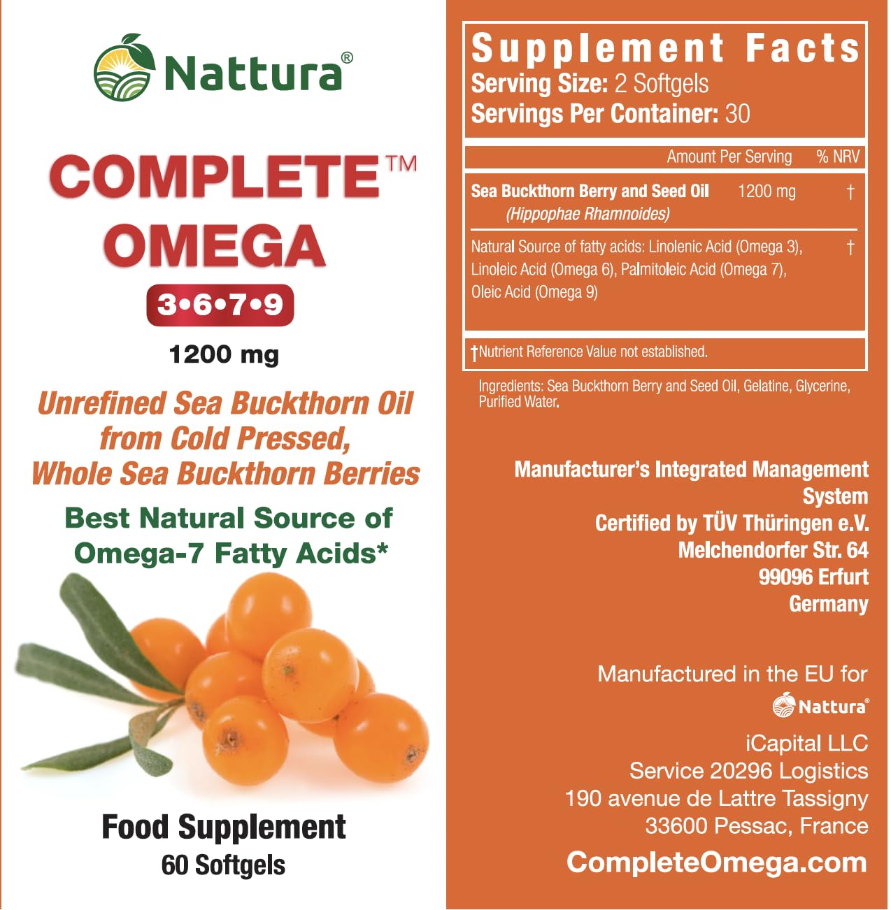 OMEGAS COMPLETS 3-6-7-9 * Huile d'argousier pure de haute qualité provenant de fruits entiers d’argousier sauvage, non raffinés, pressés à froid - Sans OGM, certifiée Casher, GMPc -1200mg - 60 gélules