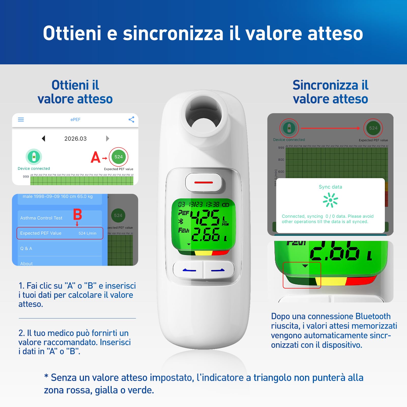 Nascool Peak Flow - Spirometro digitale per asma BPCO PEF FEV1