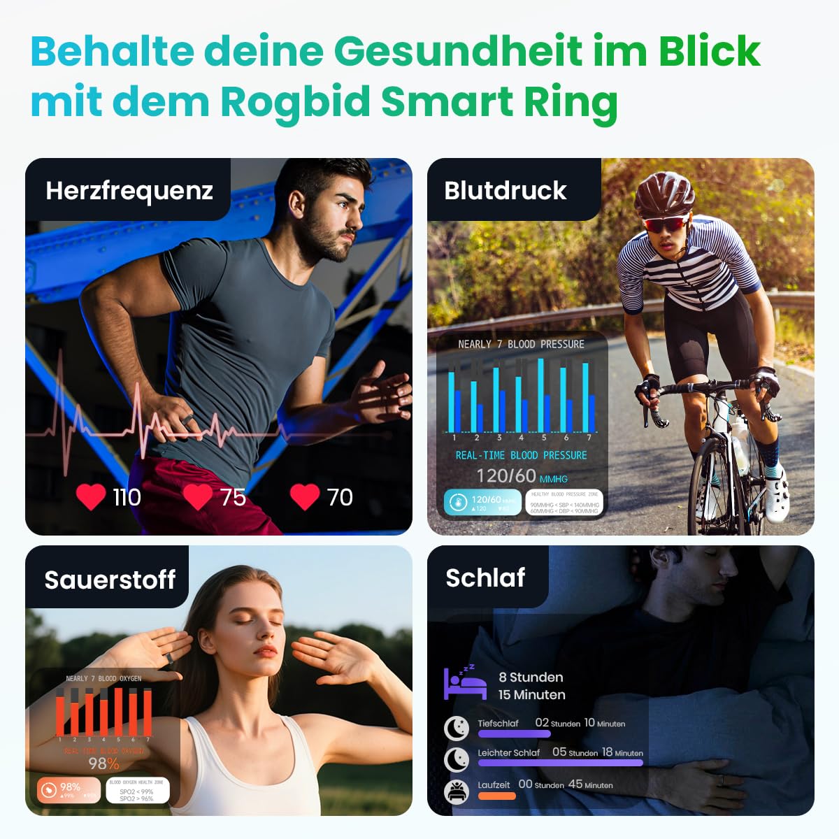 Rogbid R2 Titanlegierung Smart Ring für Herren Damen Smartringe Gesundheit Tracker mit Herzfrequenz, Blutsauerstoff, Blutdruck, Schlaftracker, IP69 wasserdicht für iPhone und Android Schwarz (10#)