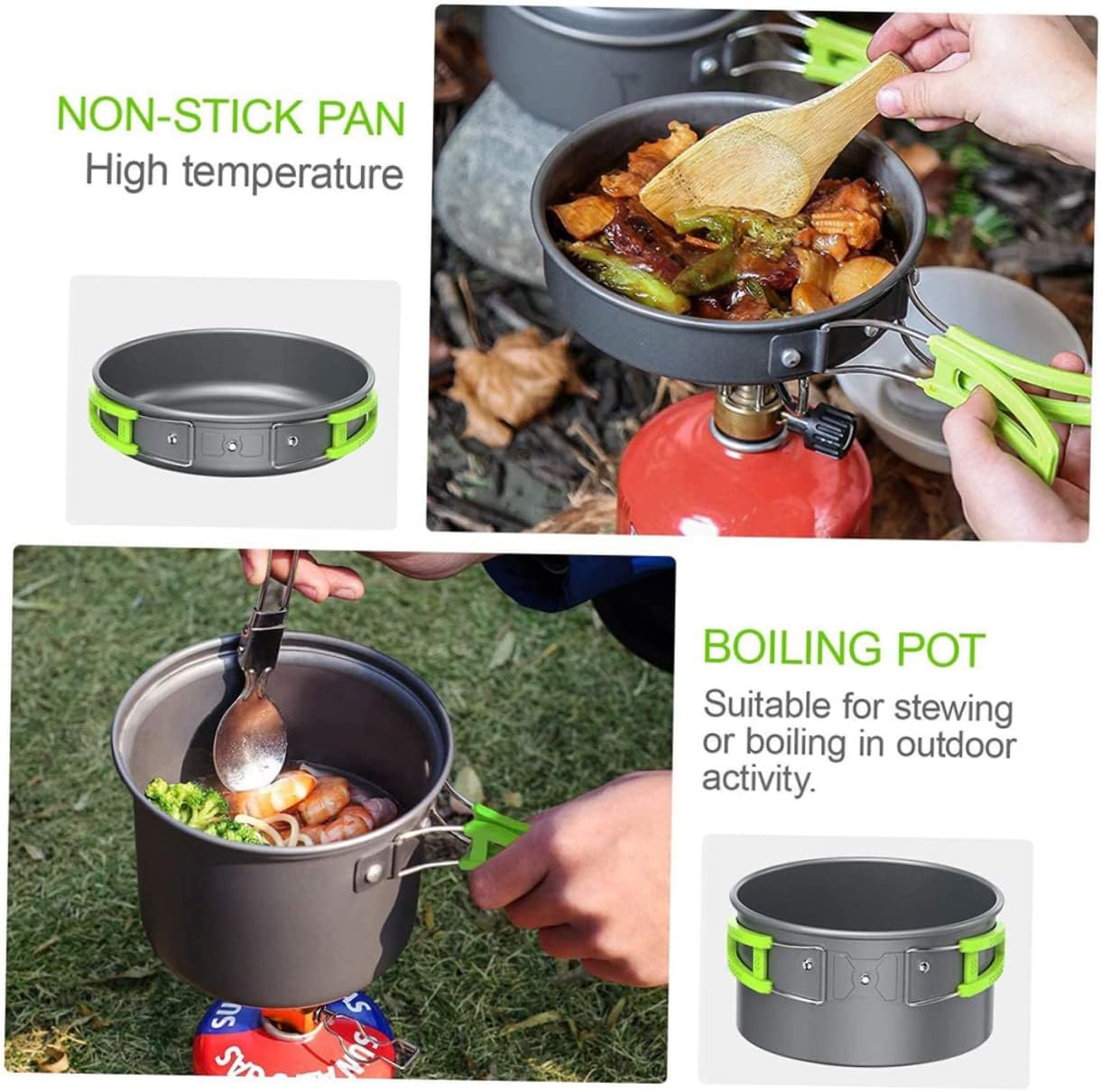 1Set Outdoor Cooking Camping Cookware Kit with Non Stick Pots Frying Pan Teapot Cutlery Bowls Lightweight Portable Durable Cooking Equipment for Hiking Picnic