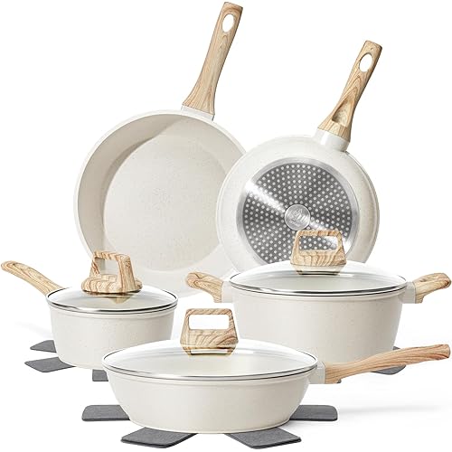 12 Pcs Pots and Pans Set, Nonstick Cookware Sets White Granite Induction Cookware, Non-toxic Healthy Non Stick Kitchen Cooking Set with Frying Pans Set, Saucepans,Steamer (PFAS, PFOA, PFOS Free)