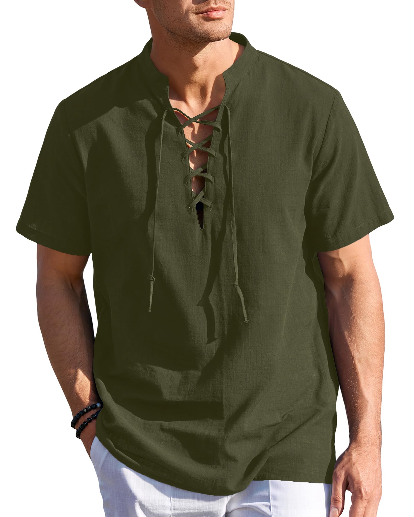 Beotyshow Camisa de lino para hombre, manga corta, con cordones, estilo vintage, Henley pirata, camisa de verano, camisa medieval, camisa Ghillie Kilt