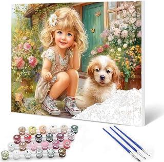Beautiful Girl and Puppy Paint by Numbers for Adults Flower Garden Cottagecore Art DIY Paint by Number Acrylic Paint Canvas Floral Dog Painting Kits Art Home Decor Gift 16x20 Inch (Without Frame)