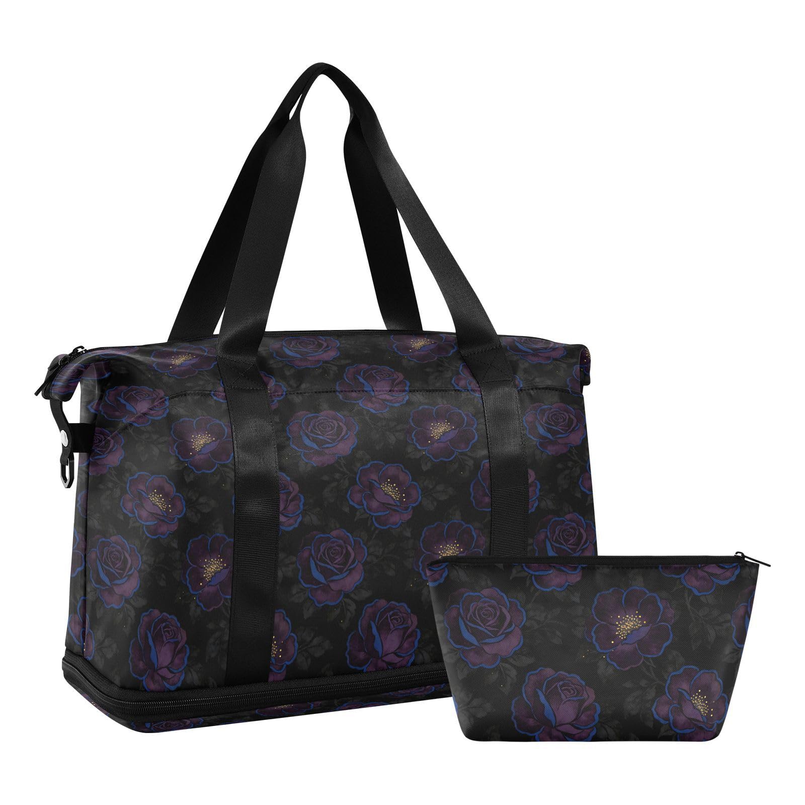 Borsone pieghevole con fiore viola scuro nero borsa da viaggio Weekender Gear Bag con borsa da toilette per escursionismo