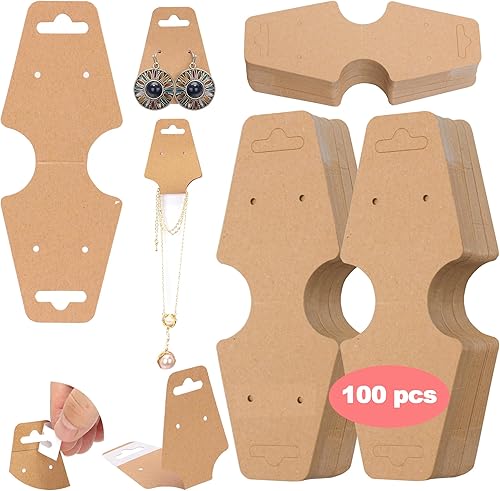 100 tarjetas de exhibición de llaveros autoadhesivas, tarjetas de papel kraft para collares, llaveros, pulseras colgantes de papel kraft en blanco