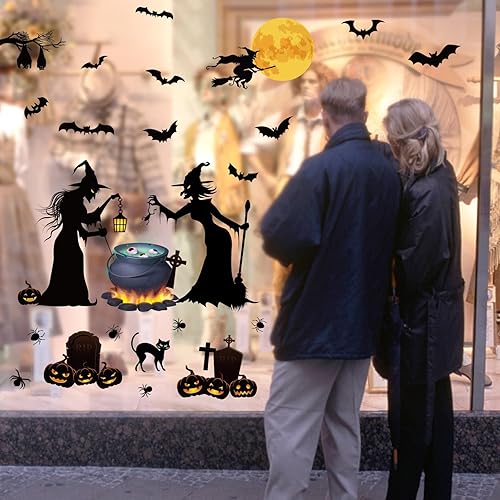 Miniatura 9 de Calcomanías de pared de Halloween, brujas, murciélagos, calabaza, luna, calcomanías de pared para dormitorio de niños, sala de estar, despegar y