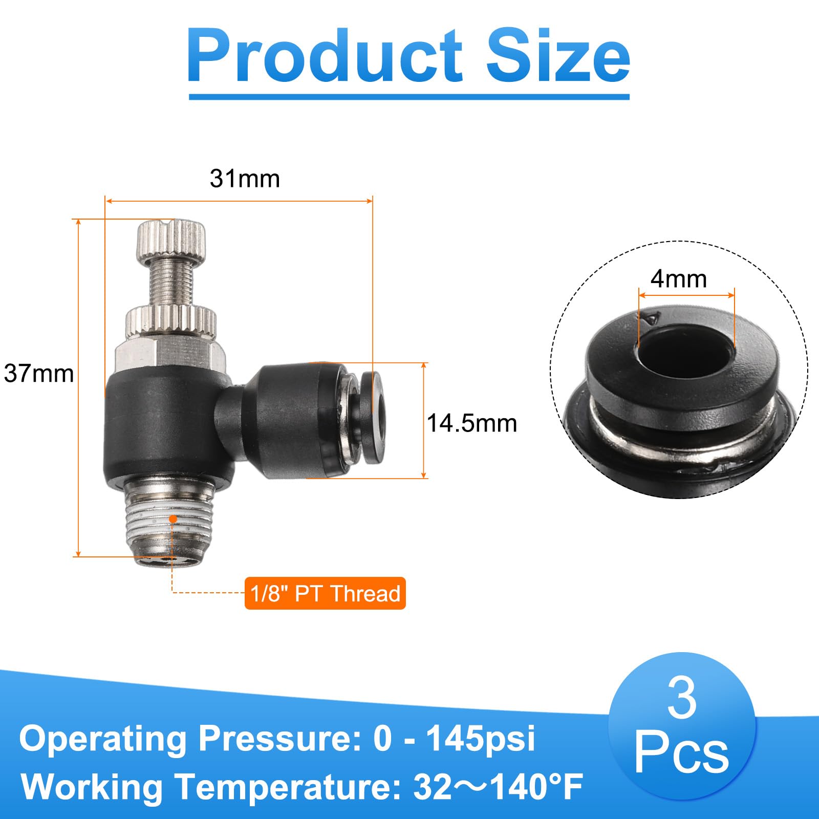 QUARKZMAN 3 szt. Zawór sterujący przepływem powietrza 4 mm średnica zewnętrzna rury x 1/8" gwint PT złączka push-in do linii powietrza złączka łokciowa 90 stopni zawór regulacji prędkości adapter
