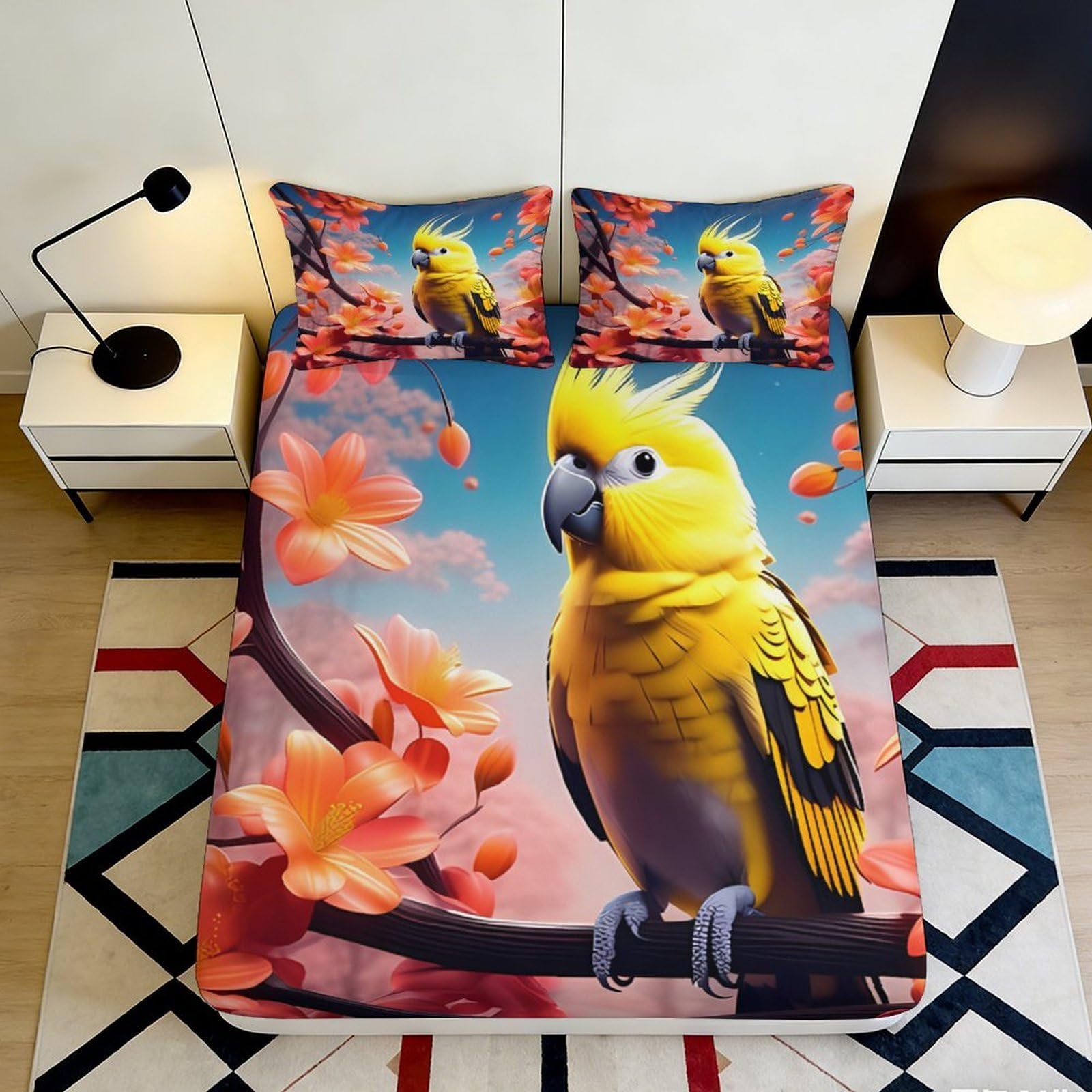3D Printed Yellow Parrot Blossom Fitted Sheet Microfiber Soft Mattress Cover for Bedroom Dorm Easy Care 200x200x25cm